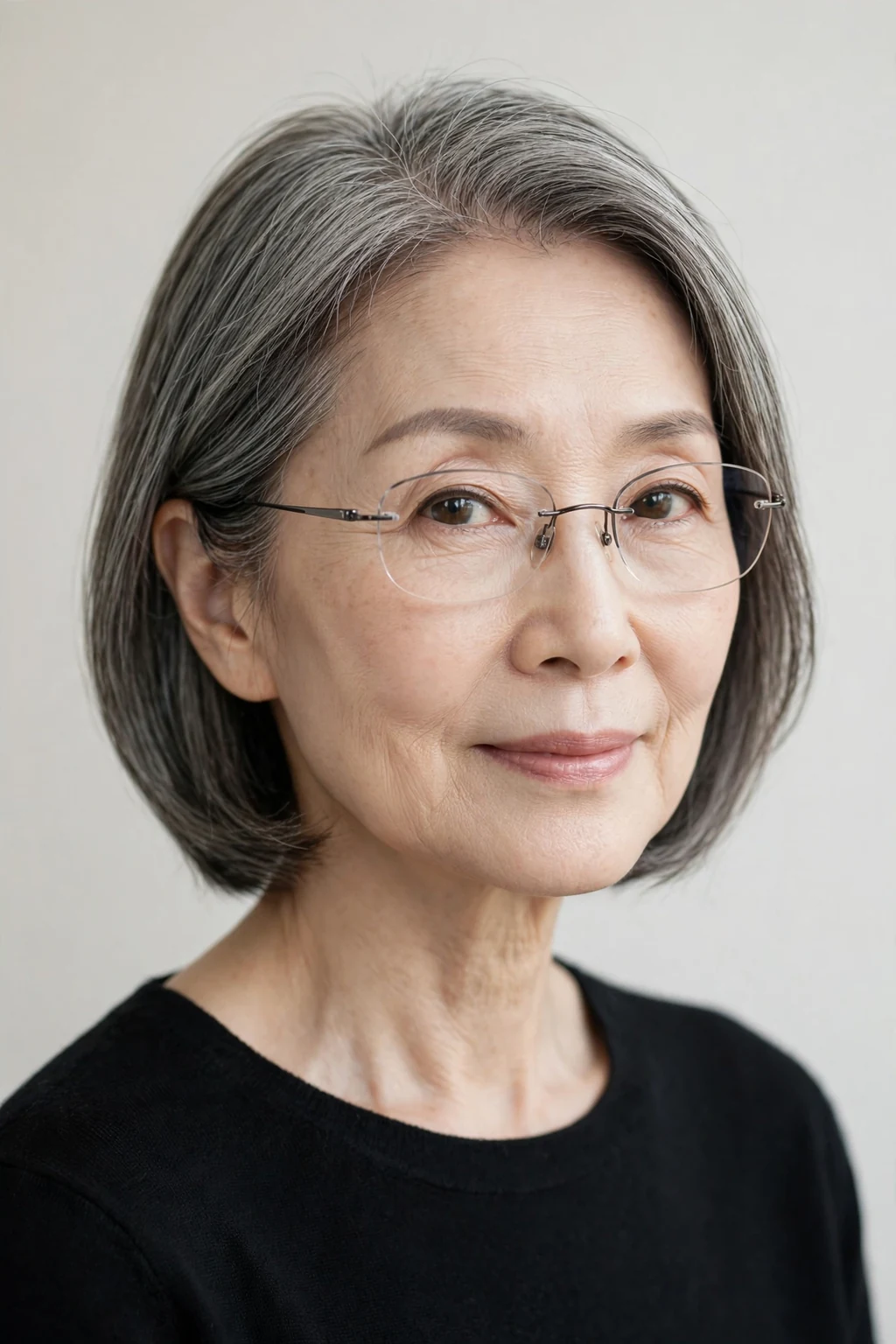 Elegant woman over 60 with fine hair and glasses and neat collarbone cut, refined minimalist cut, precise light.