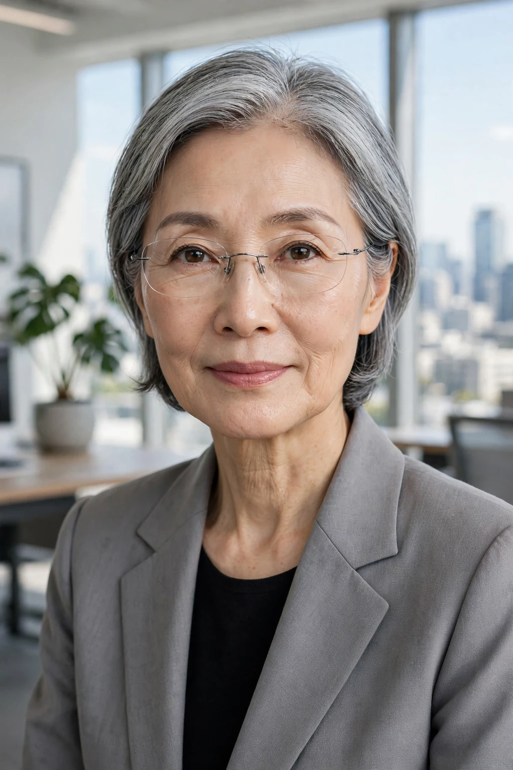 Elegant woman over 60 with fine hair and glasses and neat collarbone cut, refined minimalist cut, precise light.