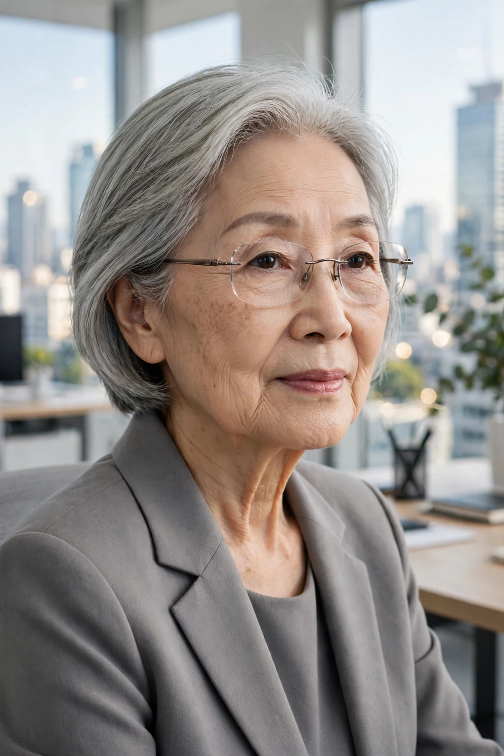 Elegant older woman over 70 with fine hair and glasses and neat collarbone cut, refined minimalist cut, precise light.