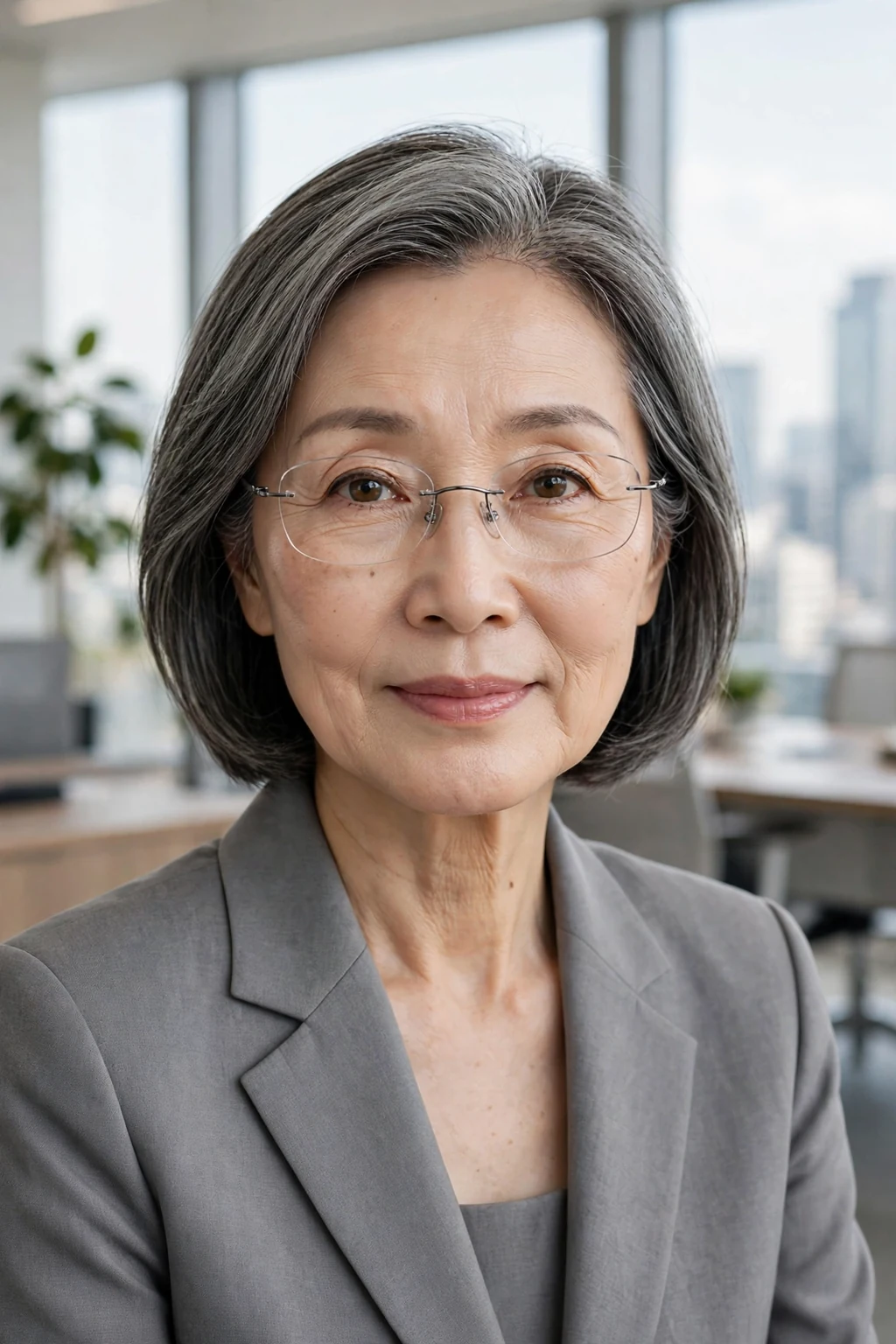 Elegant woman over 60 with fine hair and glasses and neat collarbone cut, refined minimalist cut, precise light.