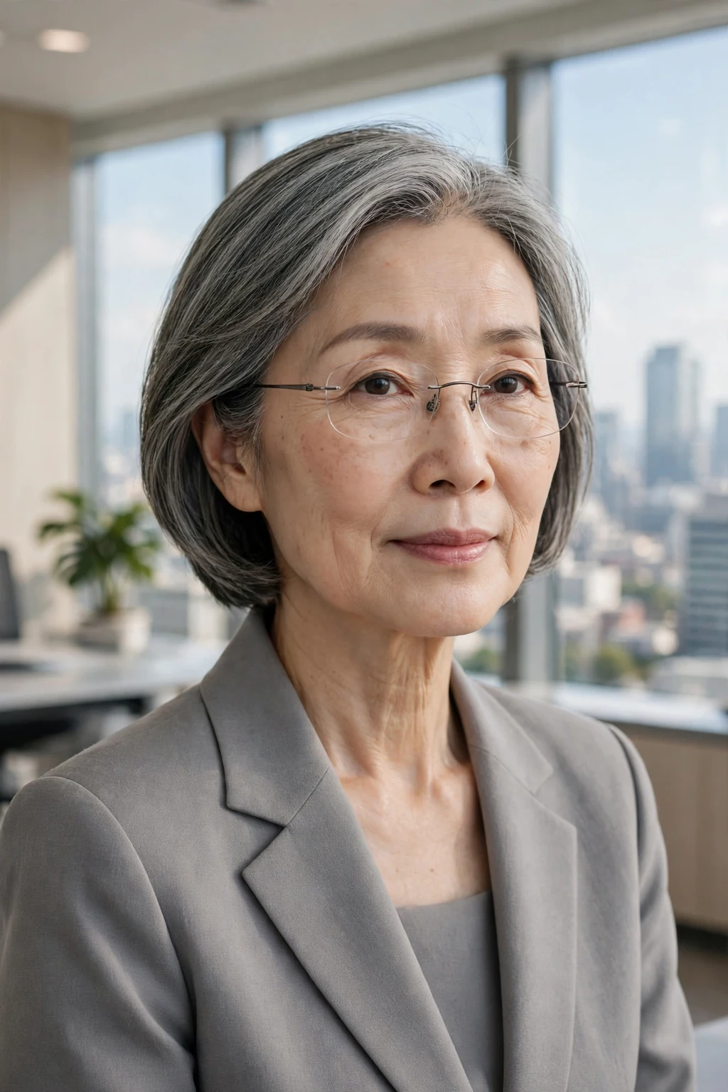 Elegant woman over 60 with fine hair and glasses and neat collarbone cut, refined minimalist cut, precise light.