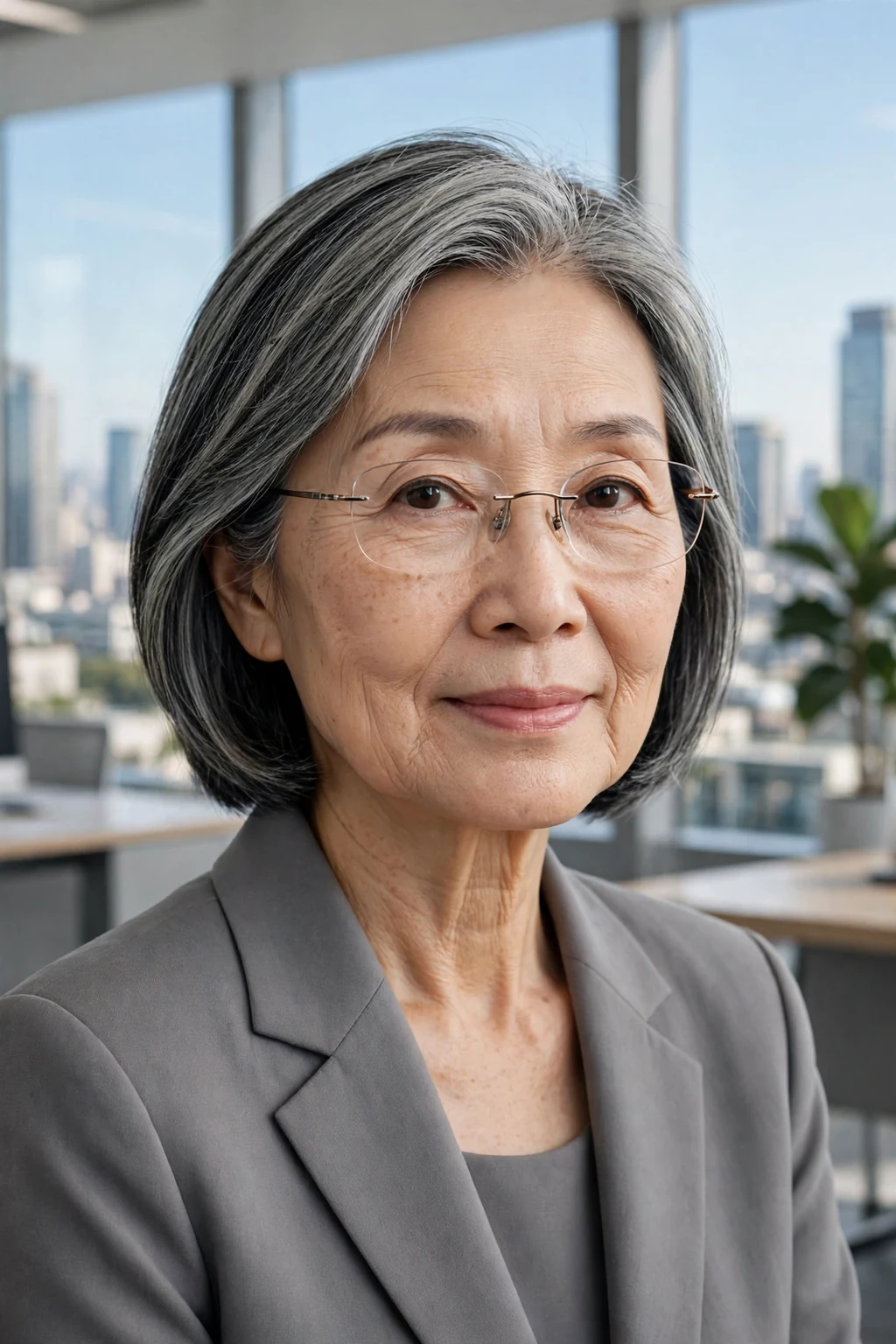 Elegant older woman with fine hair and glasses and neat collarbone cut, refined minimalist cut, precise light.