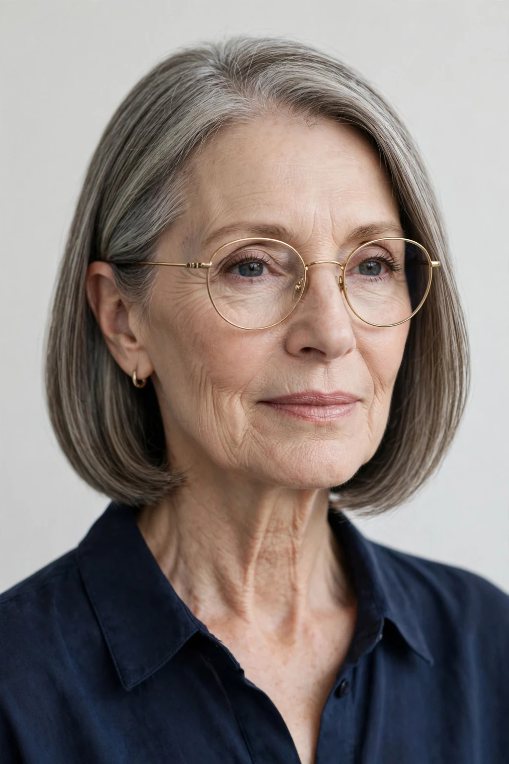 Elegant older woman with glasses and neat collarbone cut, refined minimalist cut, precise light.