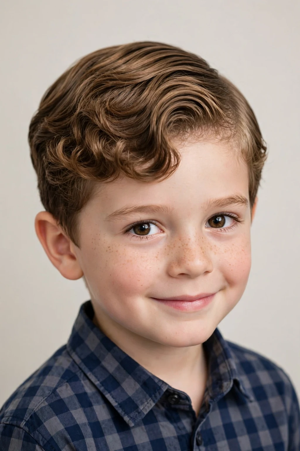 Tidy boy with a curly comb-over, curls combed smoothly to the side, neat dapper lighting.