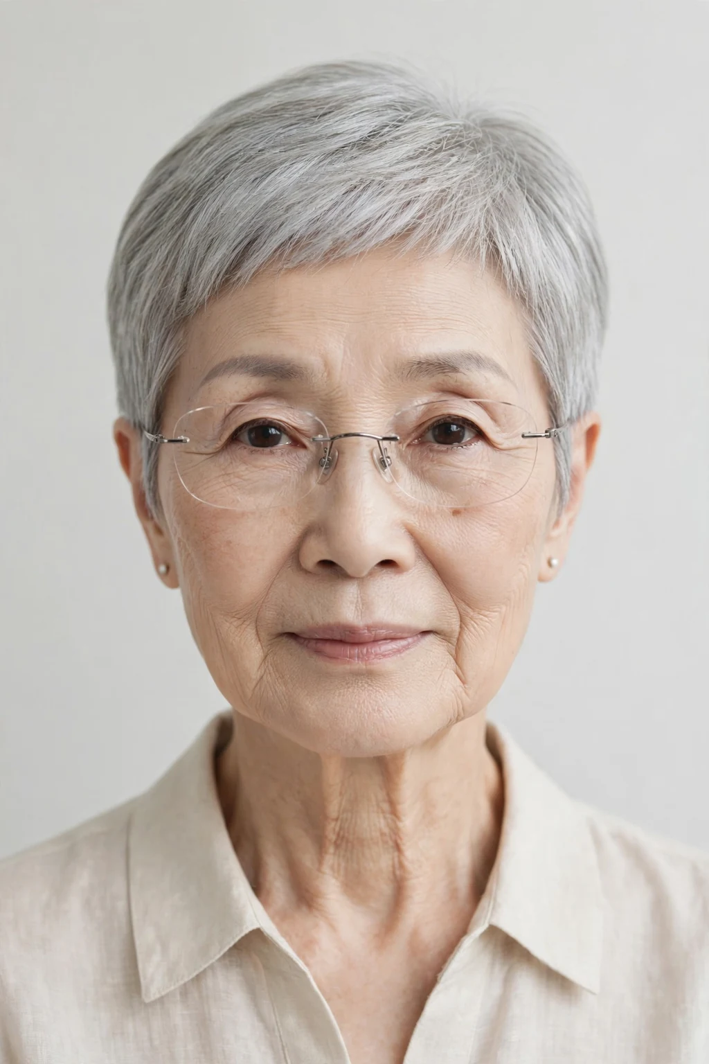 Elegant older woman with fine hair and glasses and neat pixie crop, refined minimalist cut, precise light.