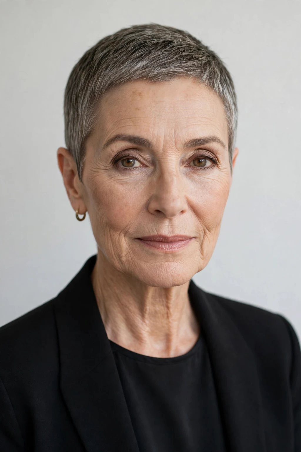 Elegant woman over 60 with neat short crop, refined minimalist cut, precise light.