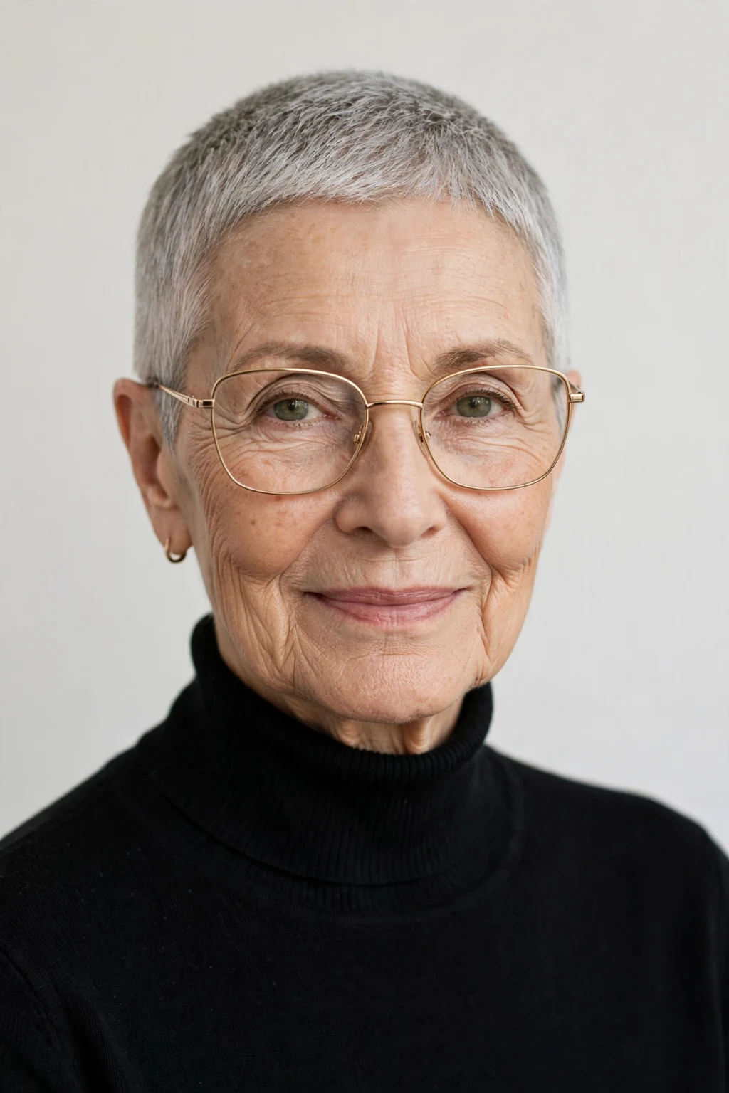 Elegant woman over 70 with glasses and neat short crop, refined minimalist cut, precise light.