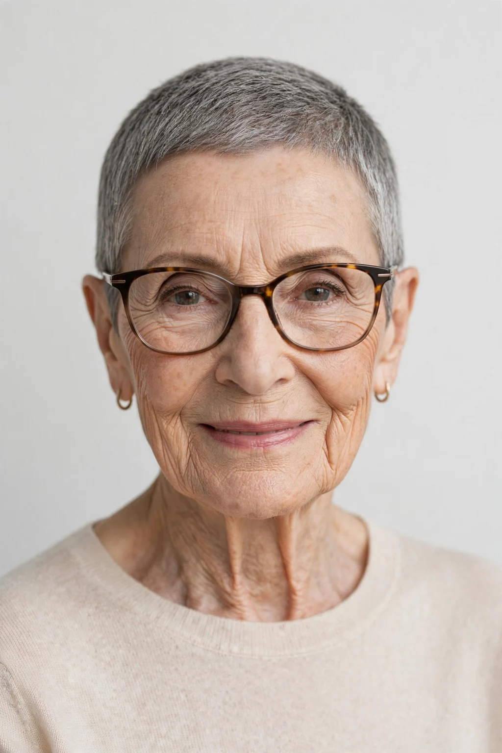Elegant woman over 80 with glasses and neat short crop, refined minimalist cut, precise light.