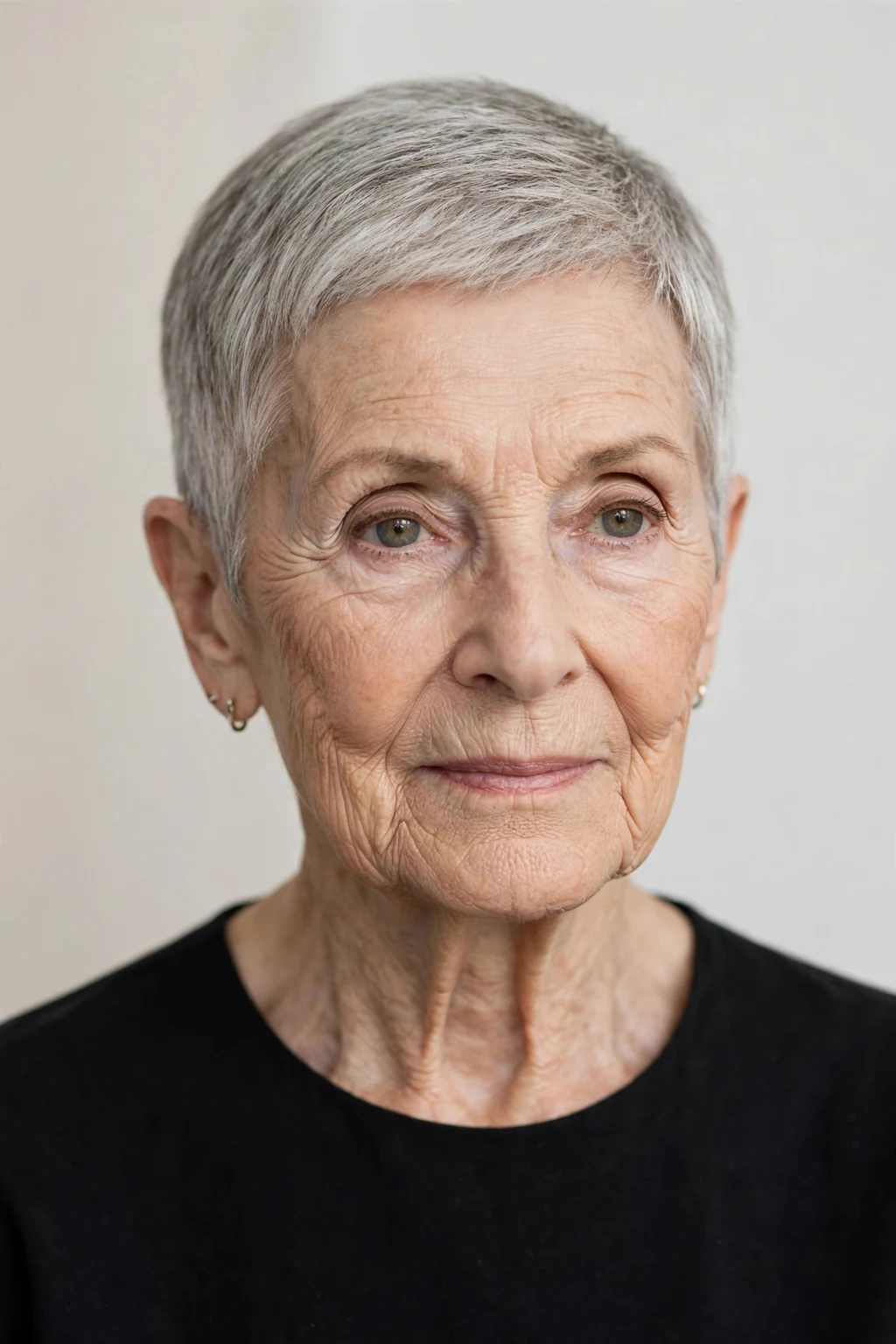 Elegant woman over 80 with neat short crop, refined minimalist cut, precise light.