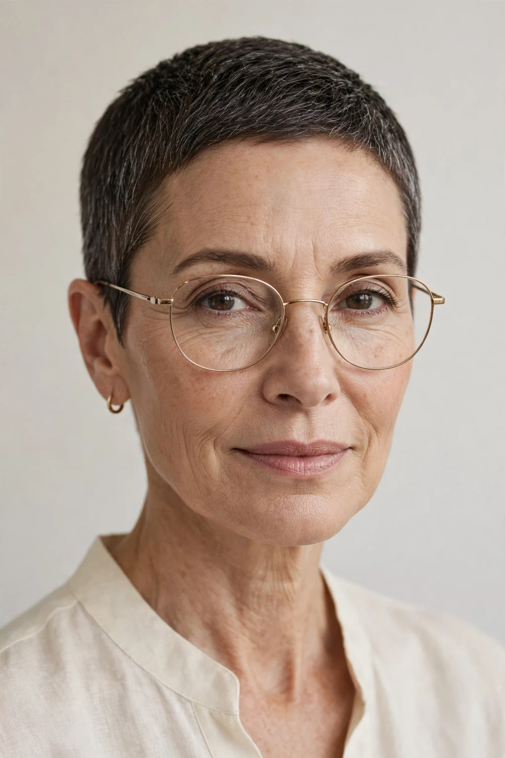 Elegant woman over 50 with glasses and neat short crop, refined minimalist cut, precise light.