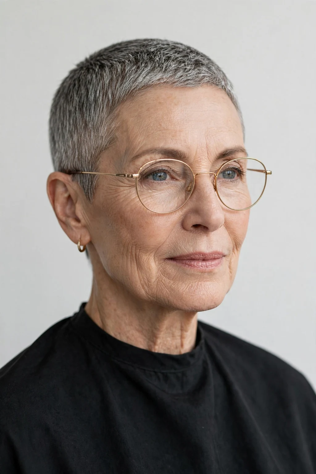 Elegant woman over 60 with glasses and neat short crop, refined minimalist cut, precise light.