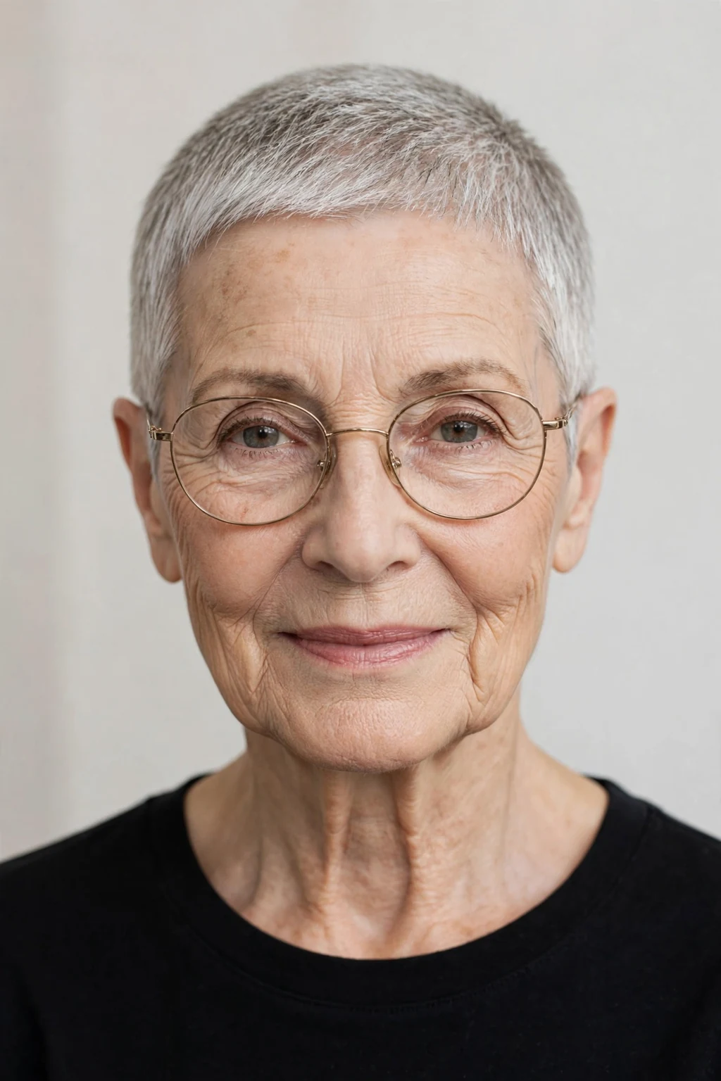 Elegant woman over 70 with glasses and neat short crop, refined minimalist cut, precise light.