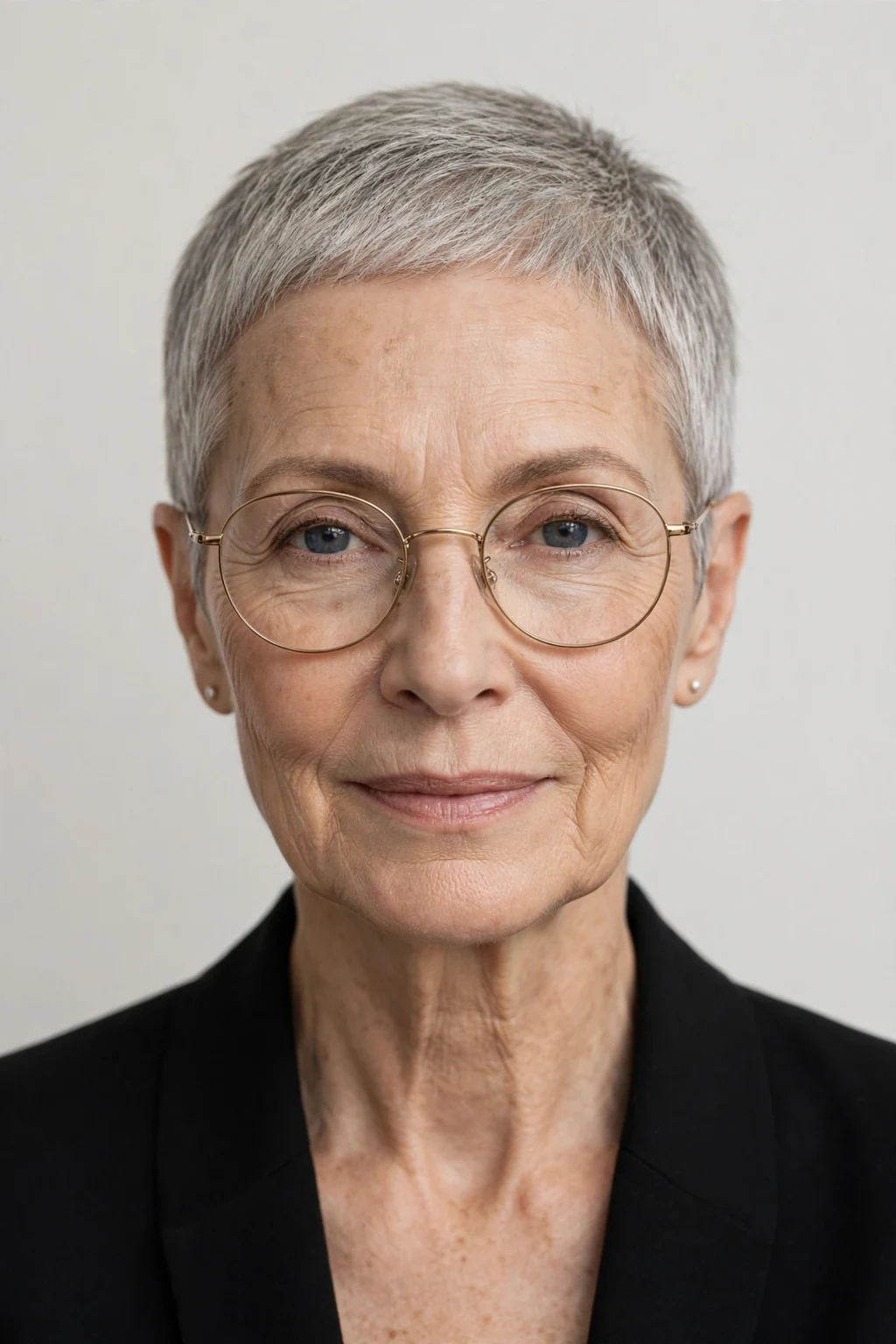 Elegant woman over 60 with fine hair and glasses and neat short crop, refined minimalist cut, precise light.