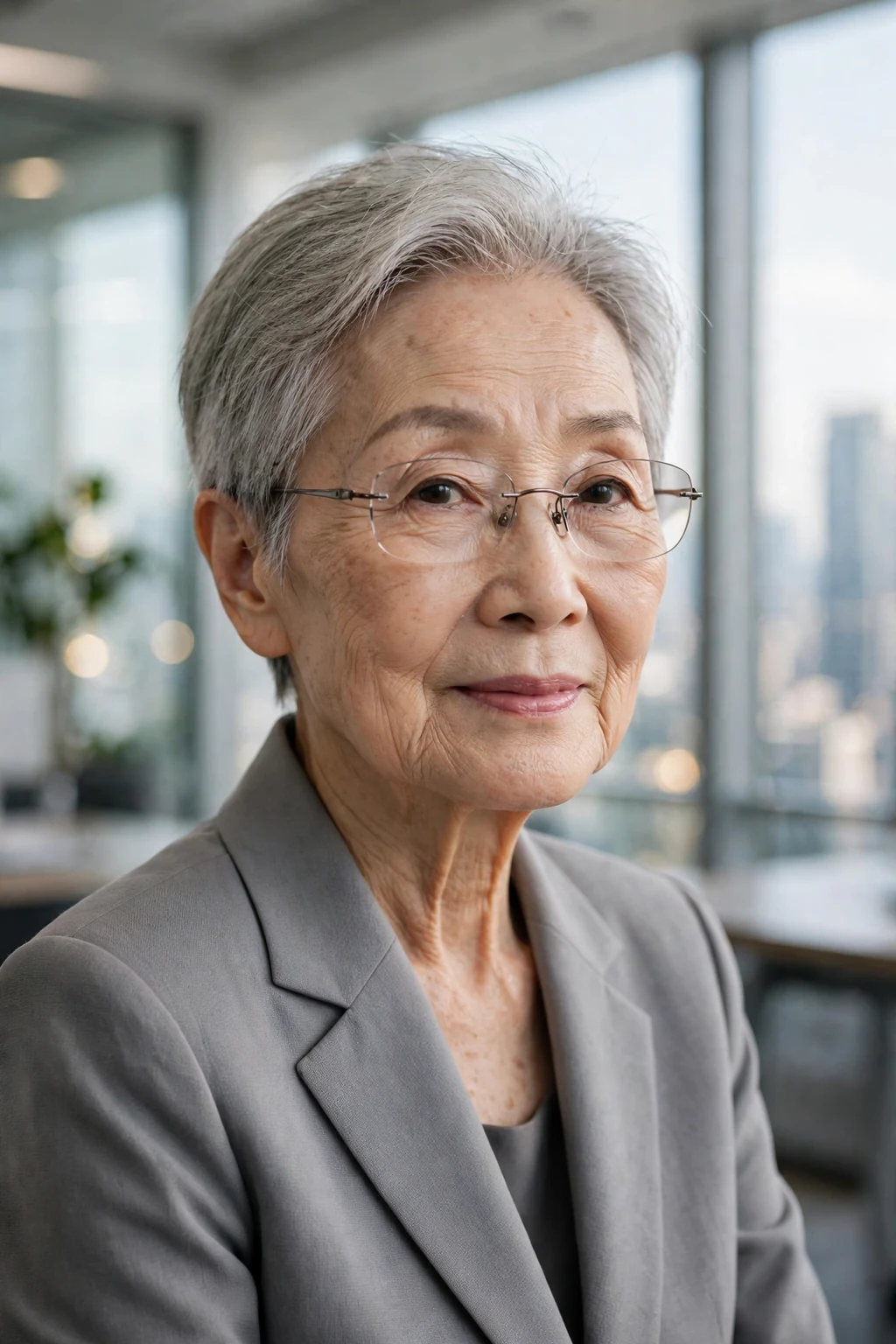 Elegant older woman over 70 with fine hair and glasses and neat short crop, refined minimalist cut, precise light.