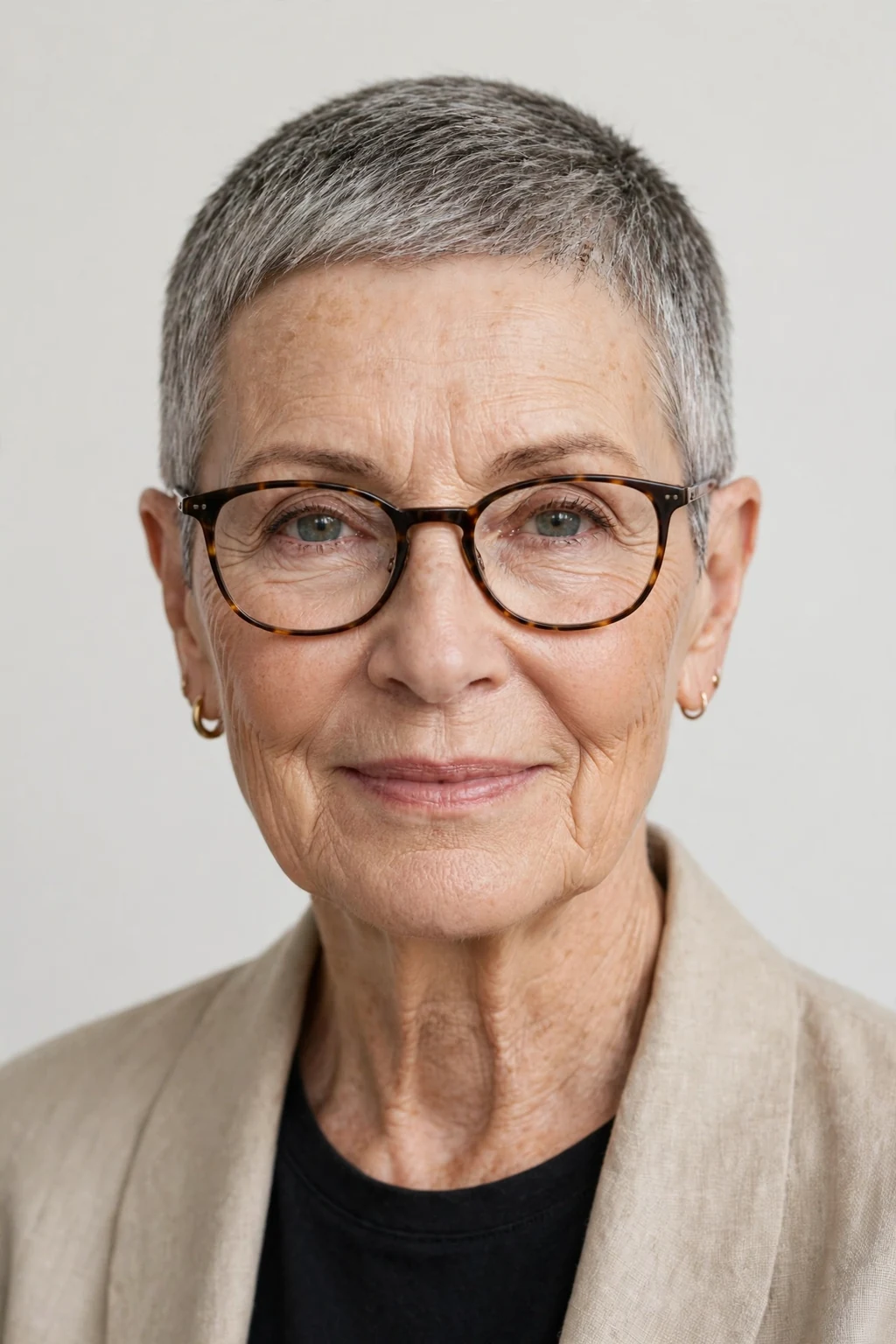 Elegant older woman with glasses and neat short crop, refined minimalist cut, precise light.