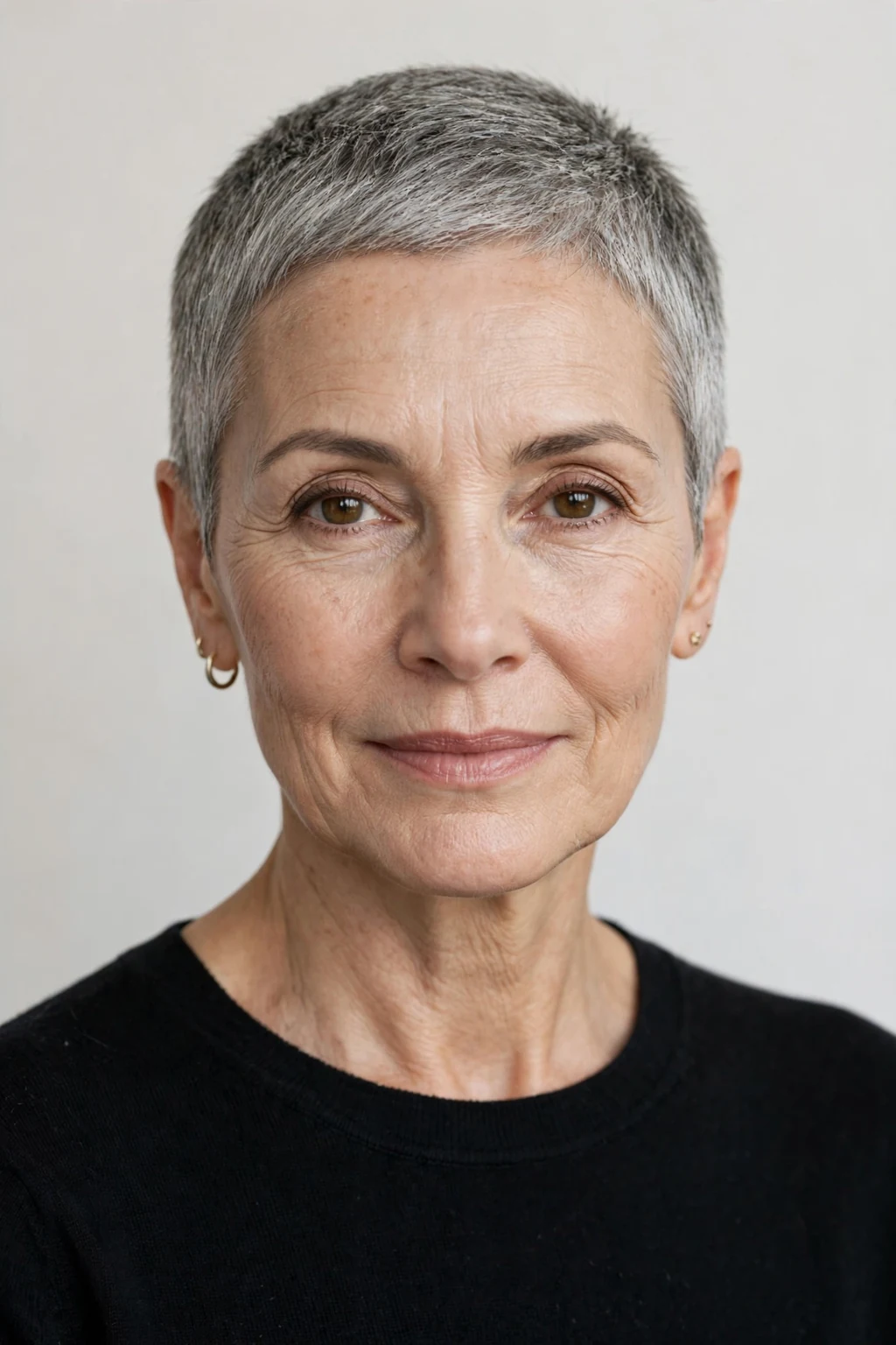 Elegant older woman over 50 with neat short crop, refined minimalist cut, precise light.