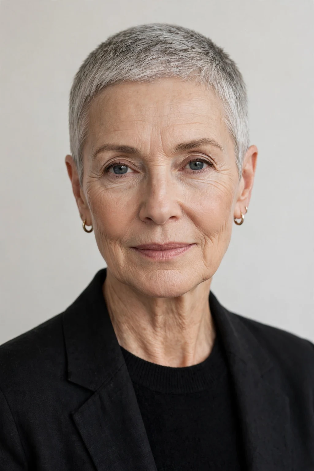 Elegant older woman over 60 with neat short crop, refined minimalist cut, precise light.