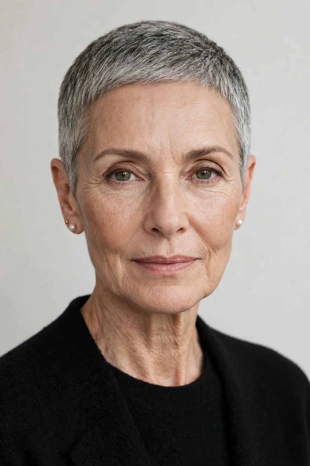 Elegant older woman with neat short crop, refined minimalist cut, precise light.