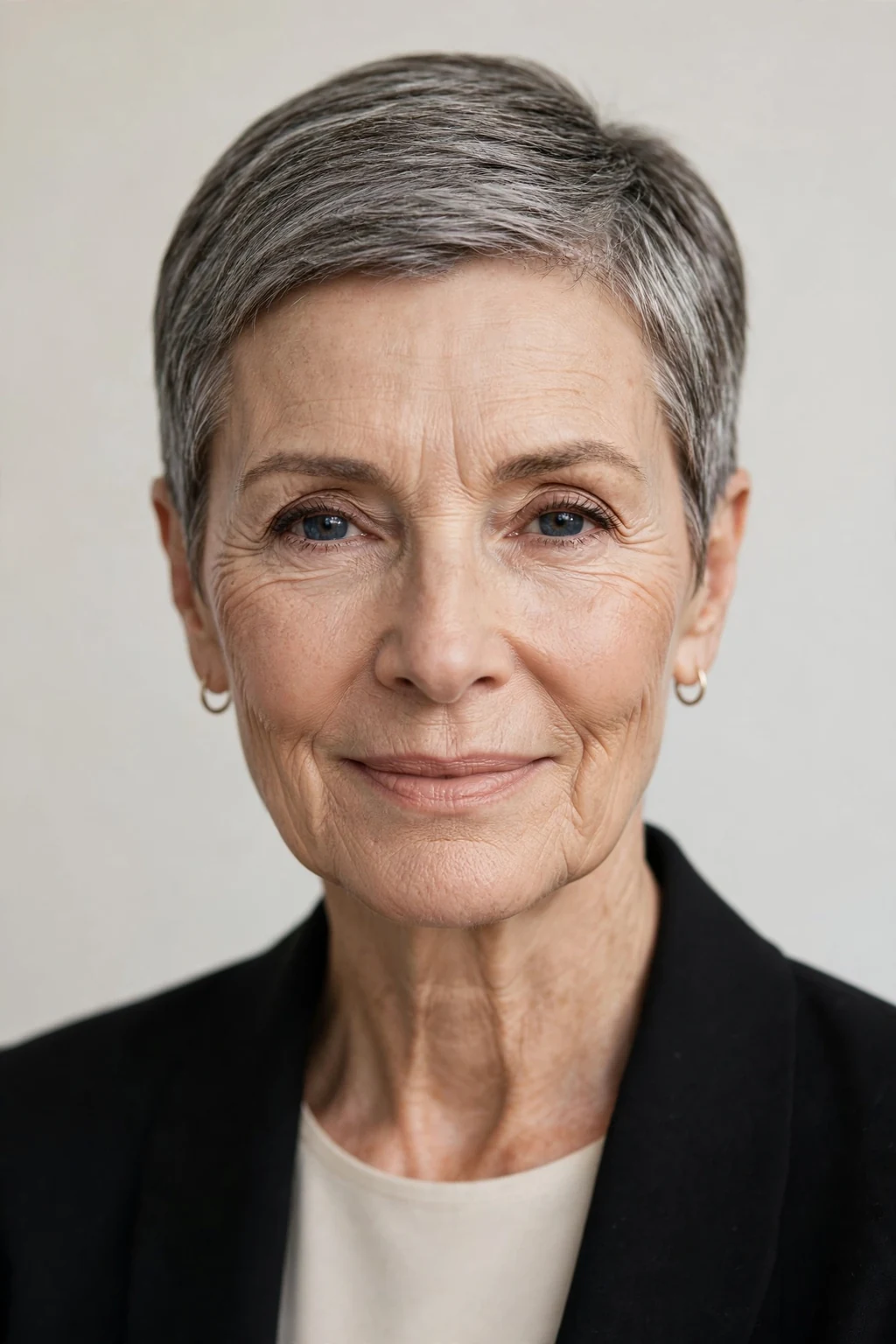 Elegant woman over 60 with neat short crop, refined minimalist cut, precise light.