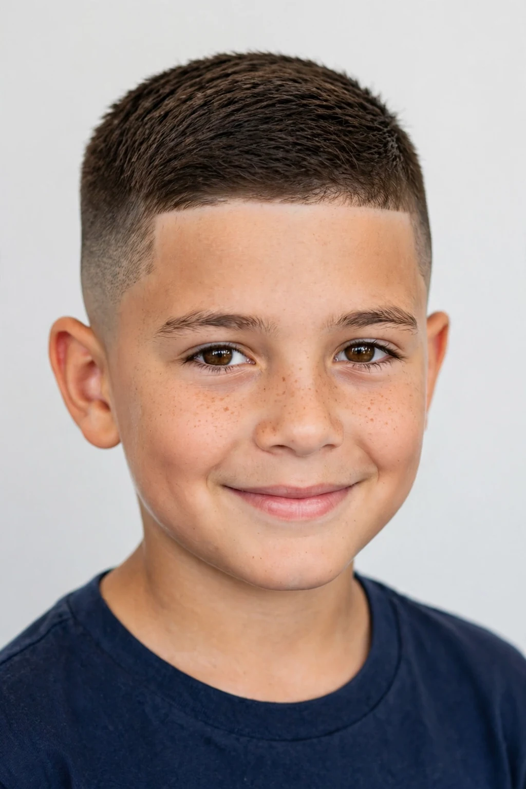 Young boy with neat short taper fade, precise clean blend, sharp light.