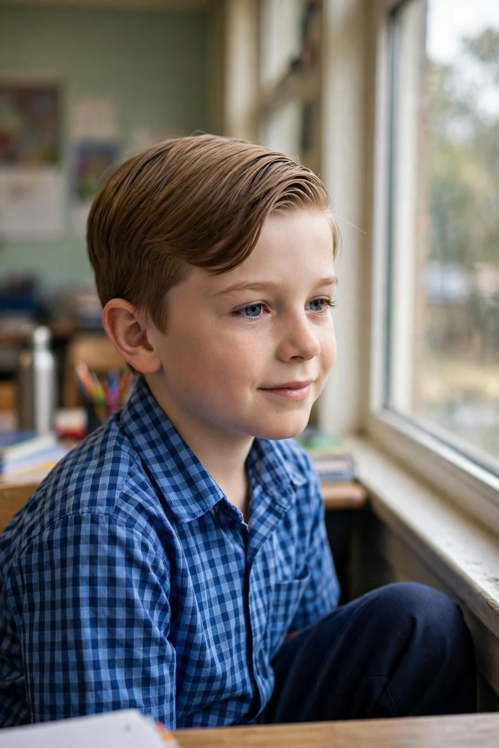 A schoolboy with a neat side part and comb-over in a classroom.