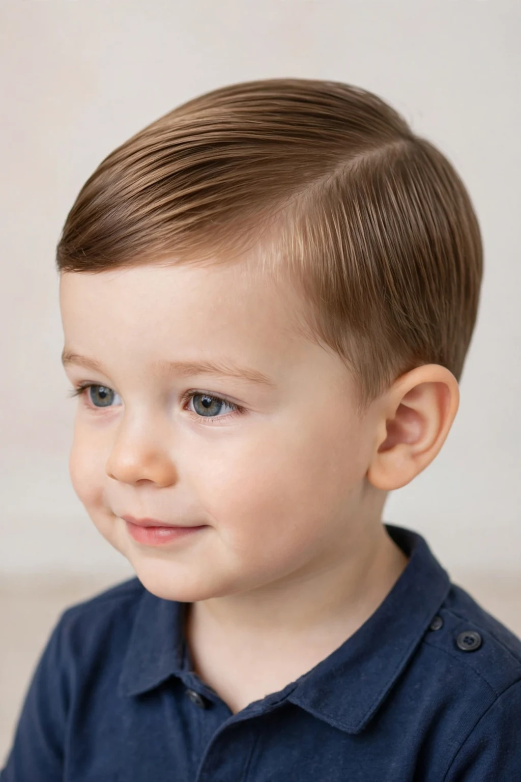 Neat toddler boy with a classic comb-over haircut, tidy side part, soft studio lighting.
