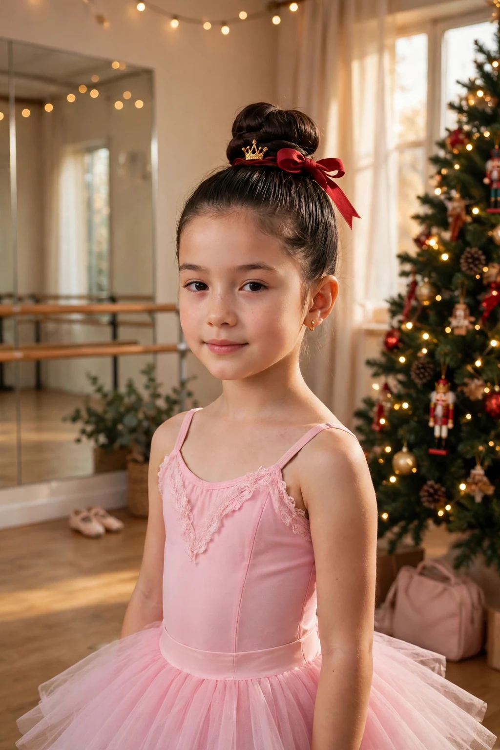 A young girl with a nutcracker ballerina bun with a gold crown clip and red ribbon.