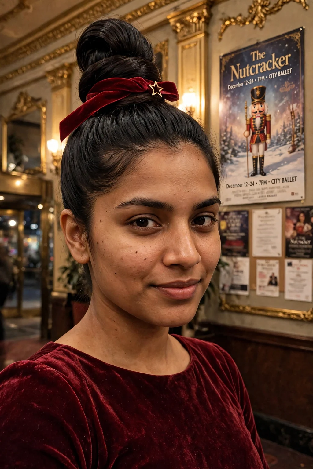 Young woman with a tall top knot wrapped in red velvet ribbon and a gold star clip in a theater lobby.