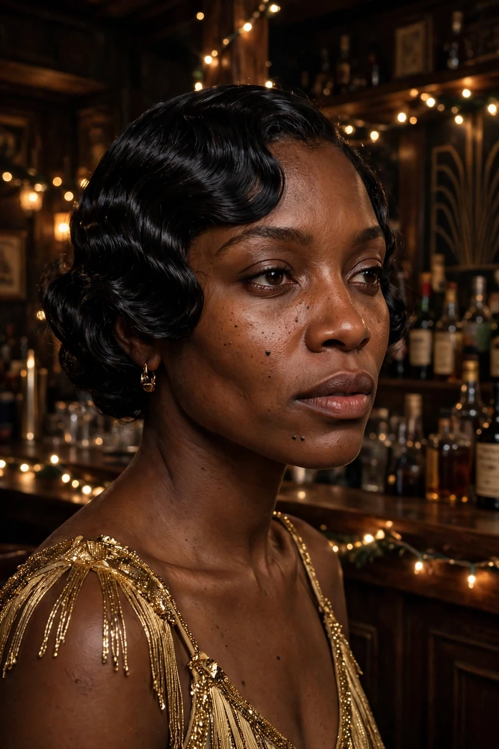 Young Black woman with old Hollywood finger waves wearing a gold flapper-style dress at a speakeasy bar.