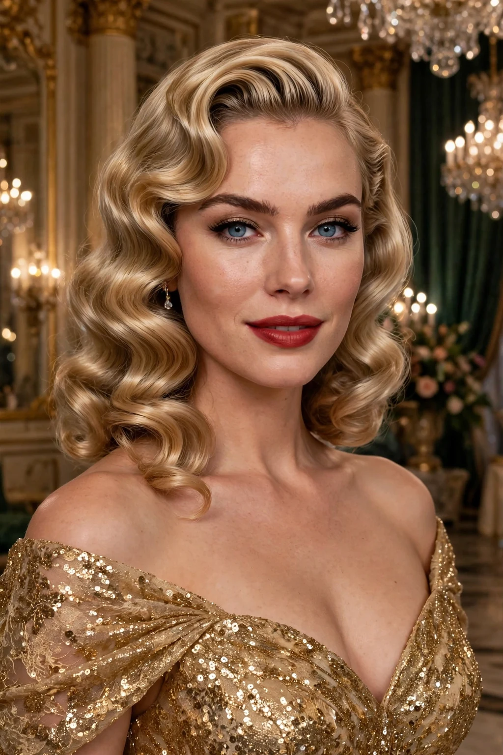 Young woman with old Hollywood glamour curls at a winter ball.