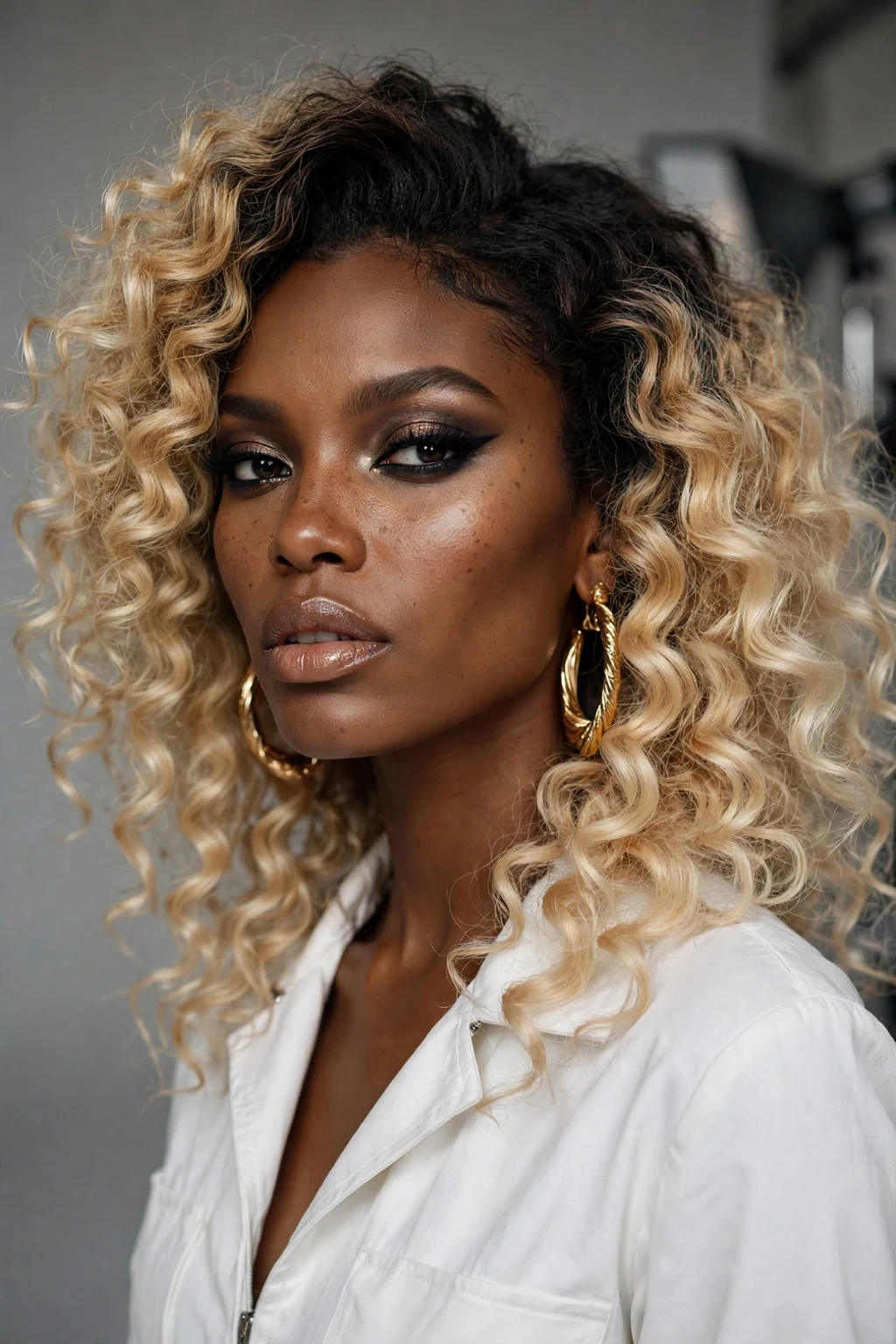 Beautiful woman with ombre to full blonde transformation, dark ombre to full blonde, dramatic light.