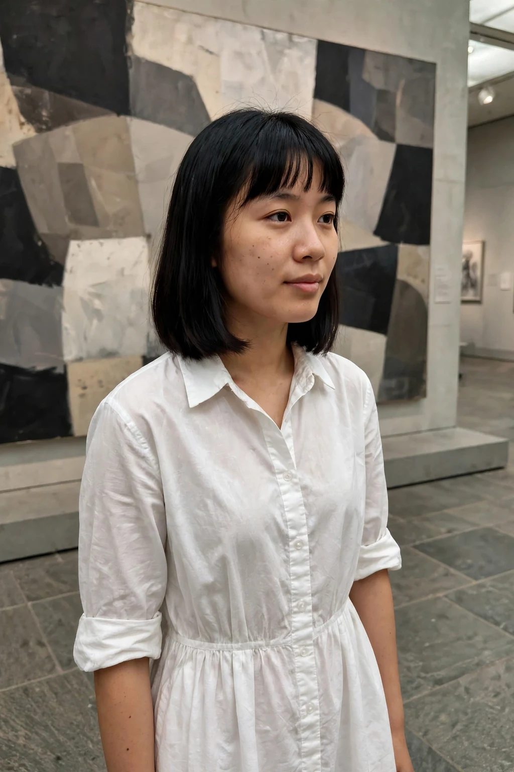 Young woman with an onyx sleek bob and blunt bangs in a museum wearing a white shirt dress.