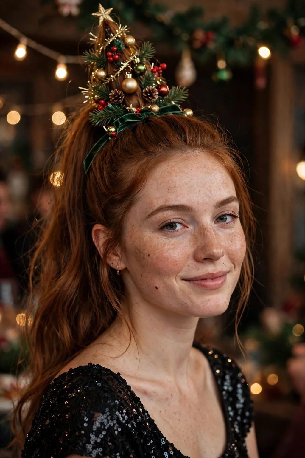 Young woman with ornament-adorned high ponytail hairstyle, festive holiday look.