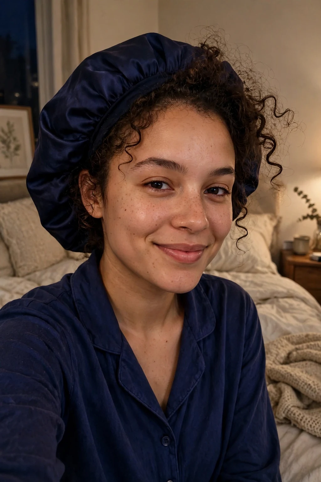 A young woman wearing a silk bonnet over her curly hair before bed in a bedroom.