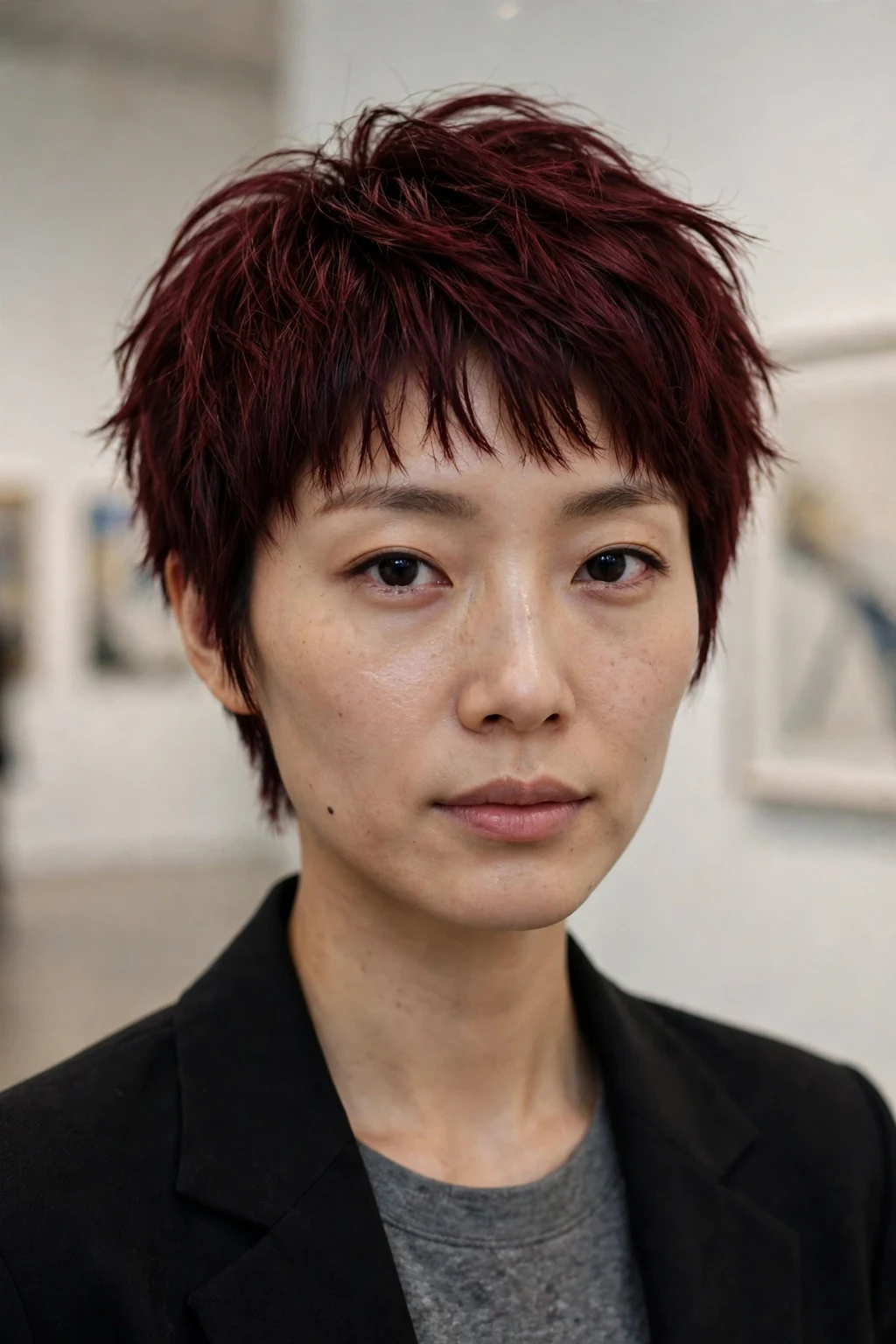 Young East Asian woman around 30 with an oxblood burgundy pixie cut with textured layers, in an art gallery wearing a black structured blazer.