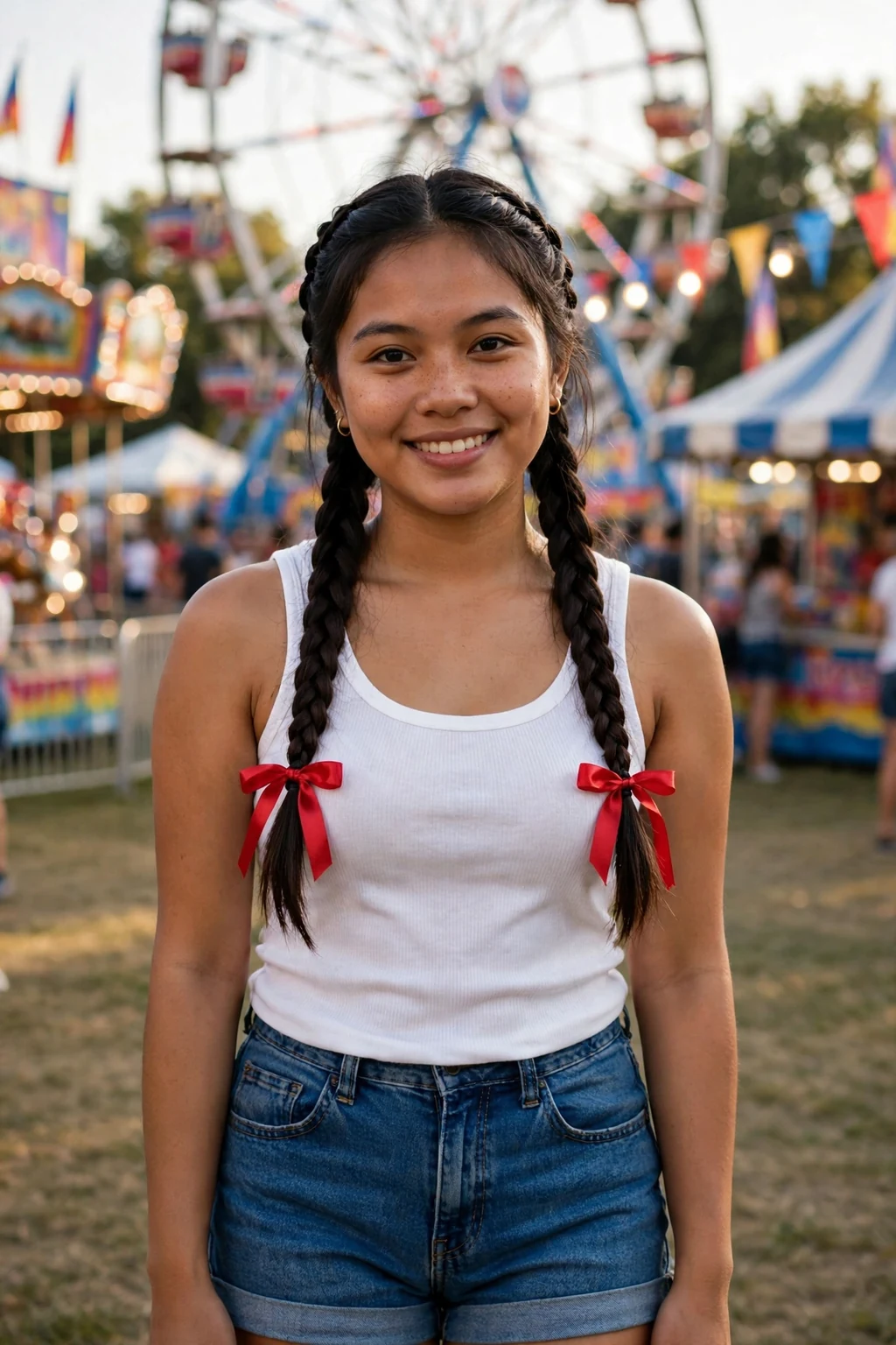 Young woman with Dutch braid pigtails and red ribbons at a county fair.