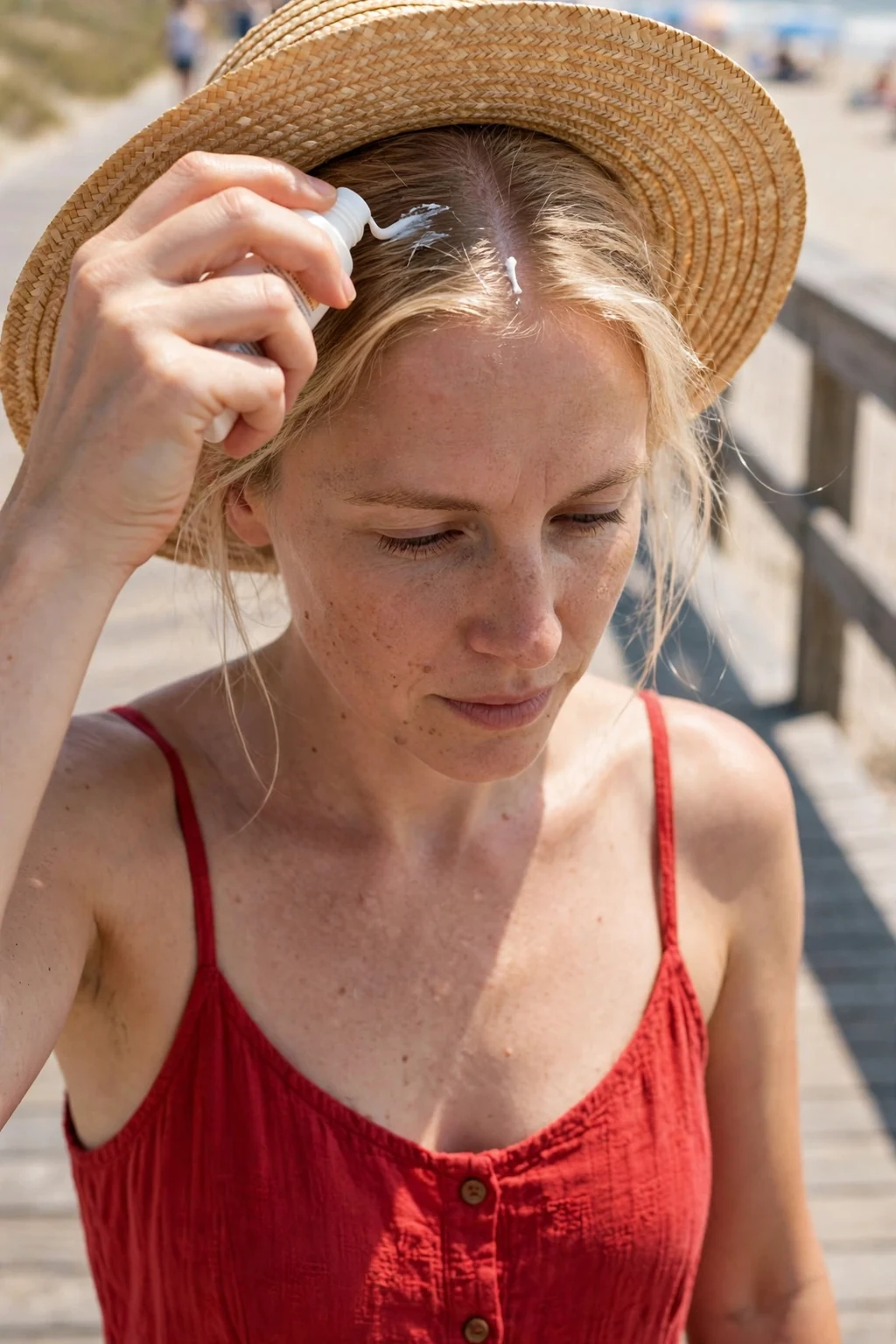 A young woman with fine blonde hair parted in the middle applying sunscreen along her hair parting while standing on a sunny beach boardwalk.