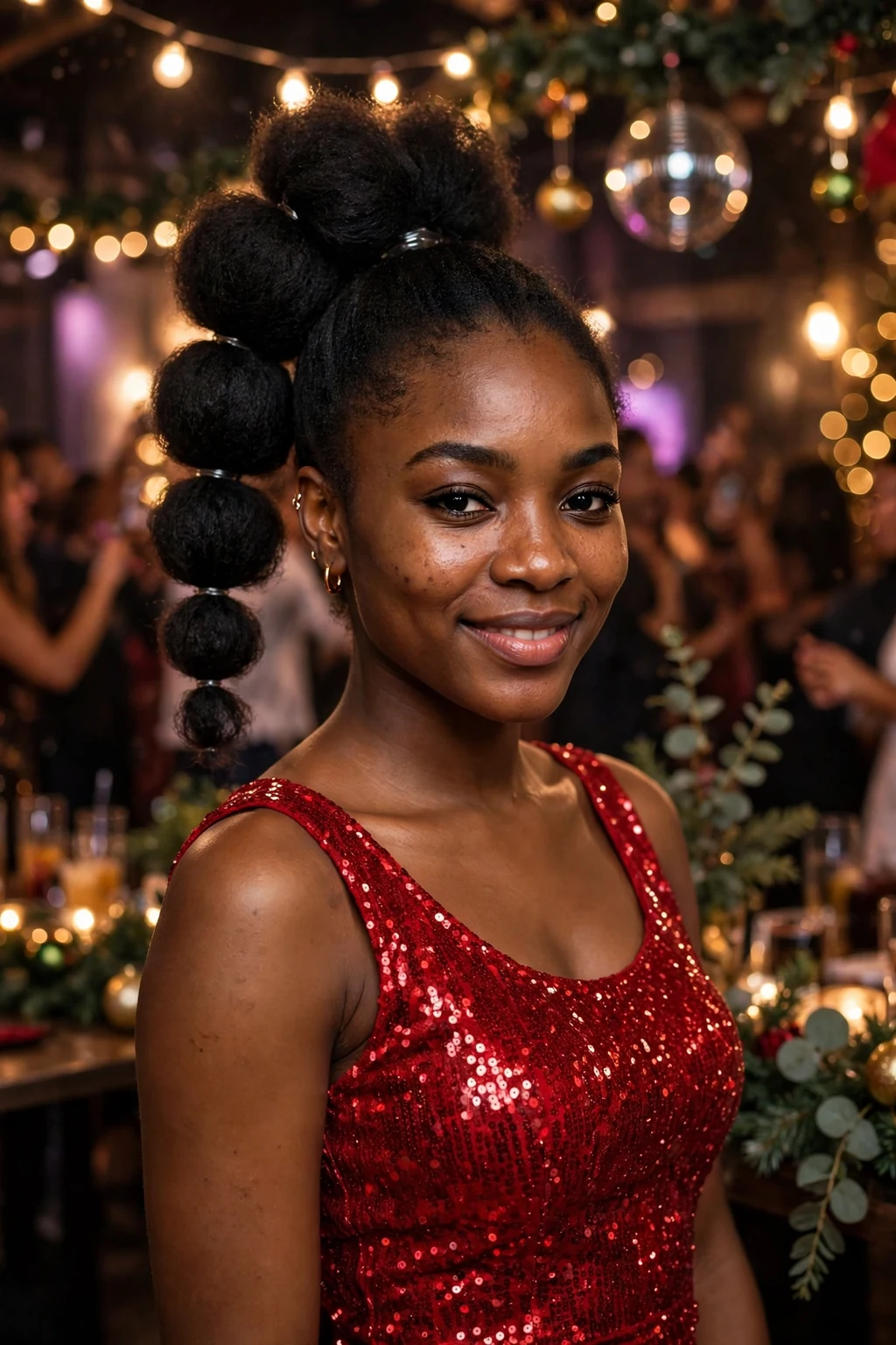 A young woman with a playful bubble ponytail at a holiday party, wearing a red sequin mini dress.