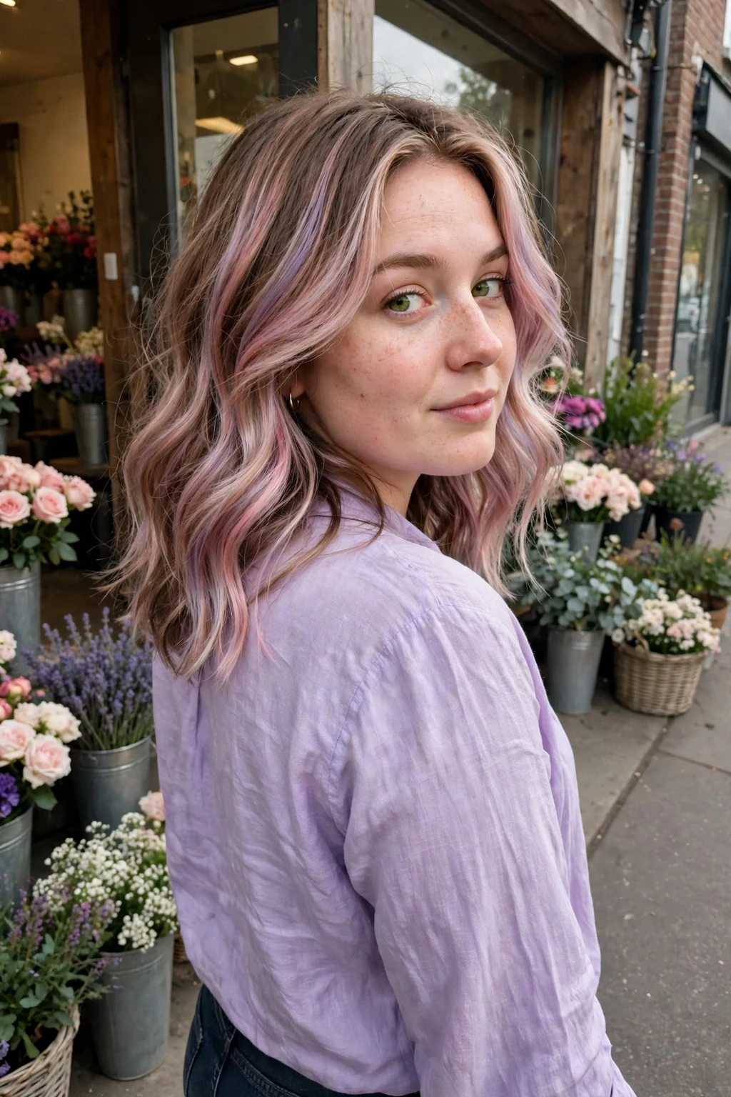 A young woman with pastel balayage waves in soft rose and lavender tones, posing by a flower shop in a lilac blouse.