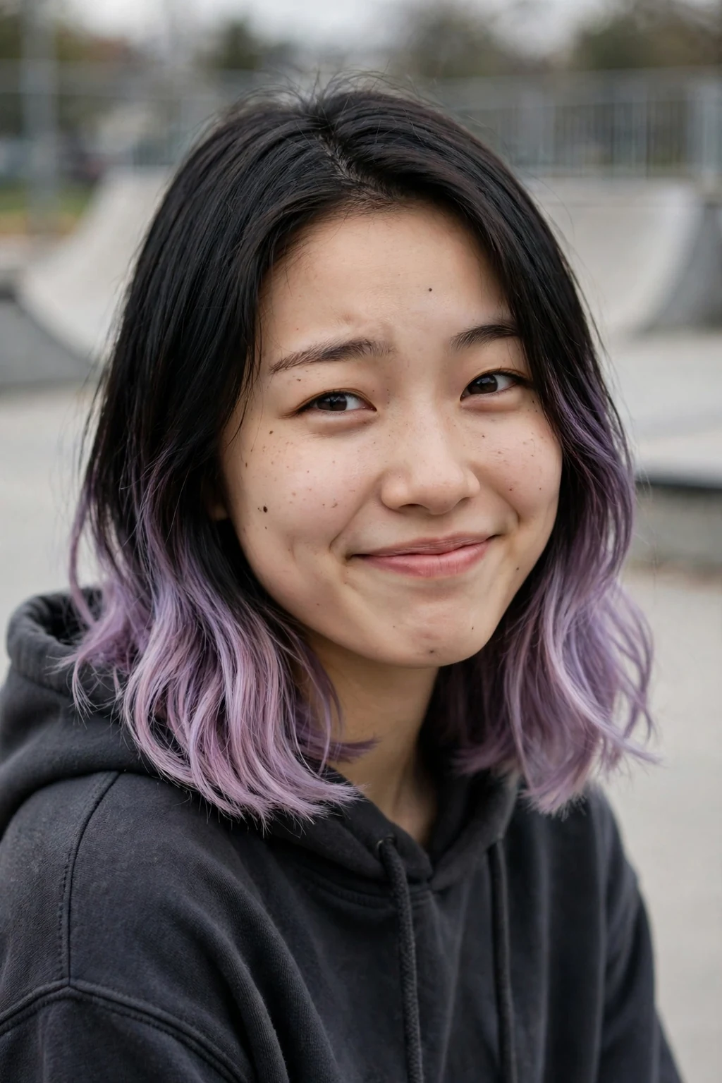 Young East Asian woman in her early 20s with a straight black lob tipped in pastel lilac, wearing a charcoal hoodie at a skate park.