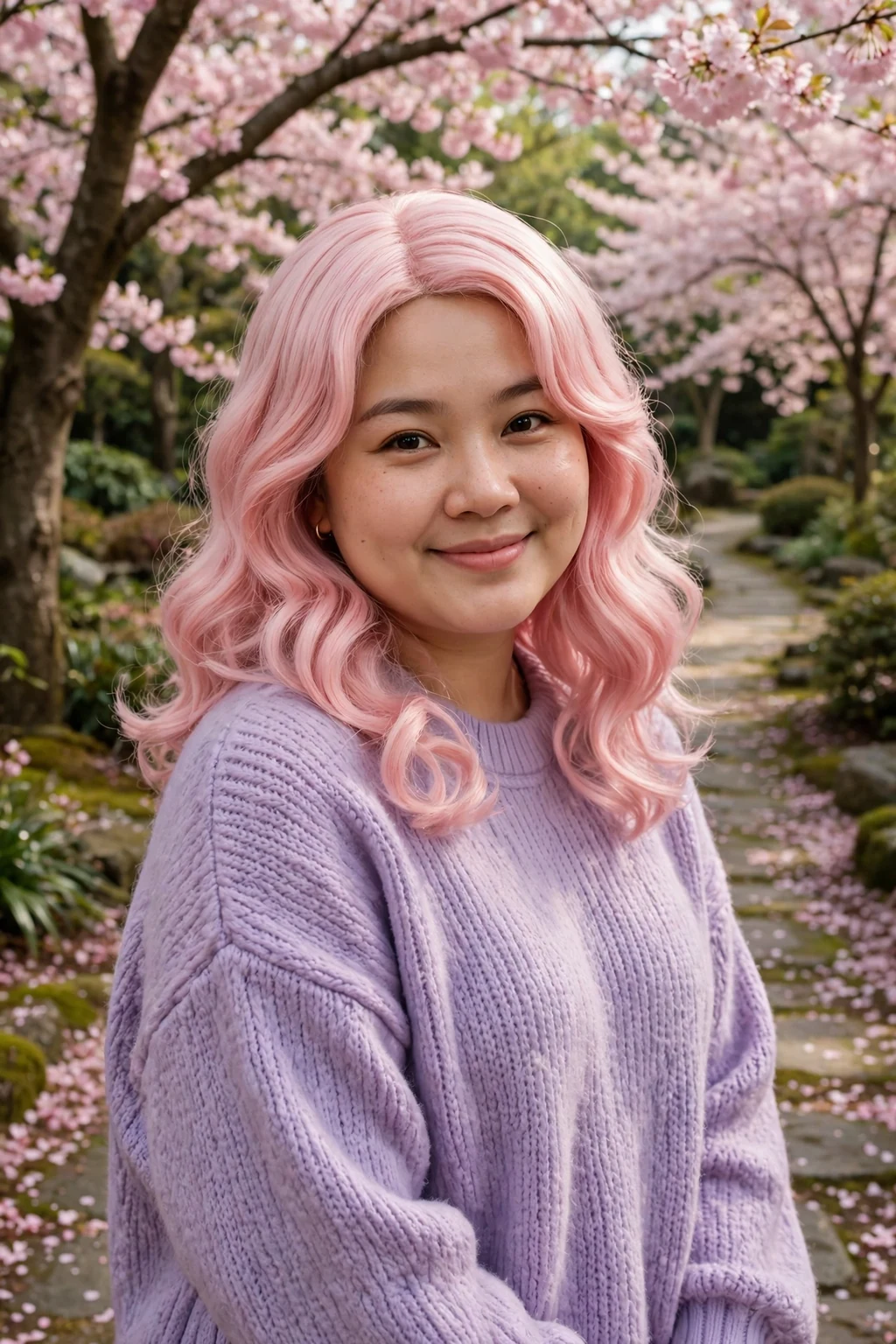 Young woman wearing a pastel pink wig with soft rosy waves.