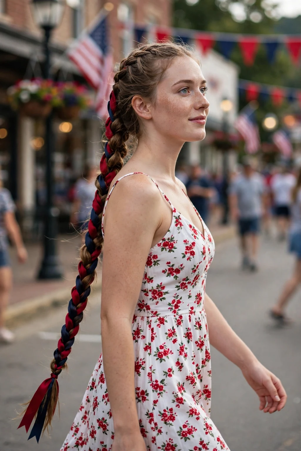 Young woman with a patriotic ribbon French braid at a daytime parade.