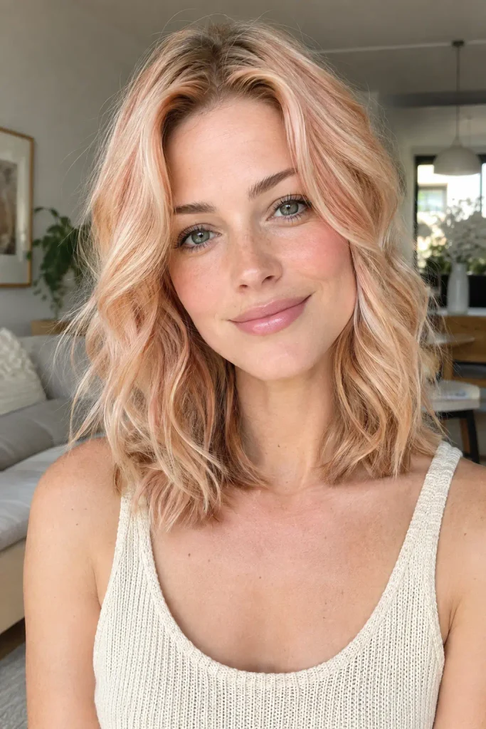 Young woman with shoulder-length peachy warm blonde hair in airy loose waves, wearing a cream sleeveless knit top in a softly lit modern apartment.