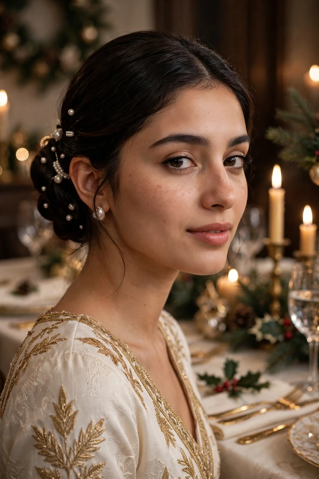 Young woman with a pearl-adorned low bun, wearing a ivory and gold dress.