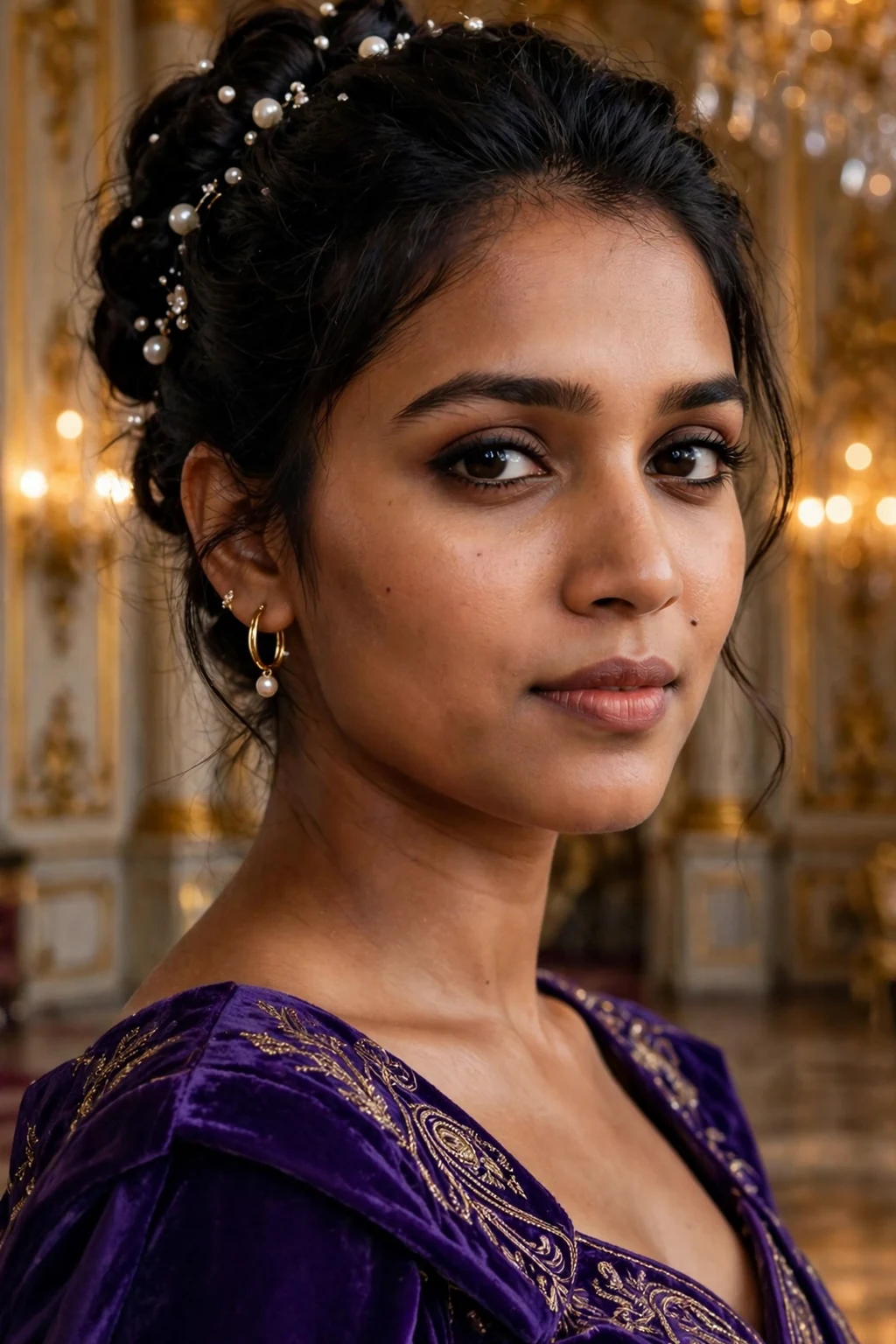 Young woman with a pearl-adorned updo at a winter gala.