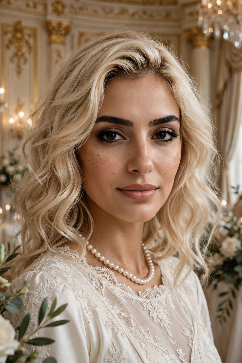Beautiful woman with pearl blonde, luminous pearl blonde tones, elegant light.