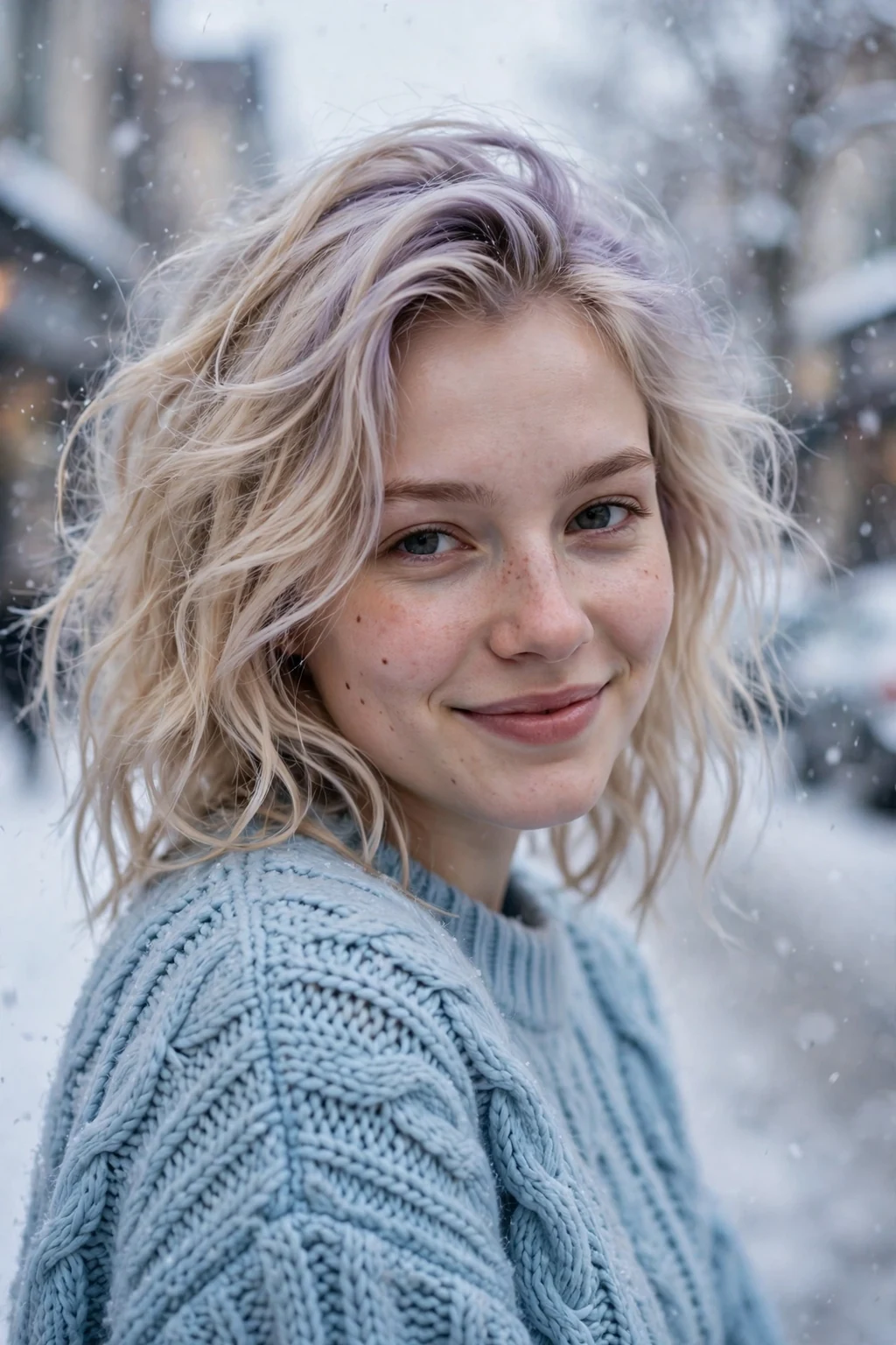 Young Scandinavian woman in her mid 20s with pearl-blonde hair and a lavender shadow root, wearing an icy-blue knit sweater on a snowy street.