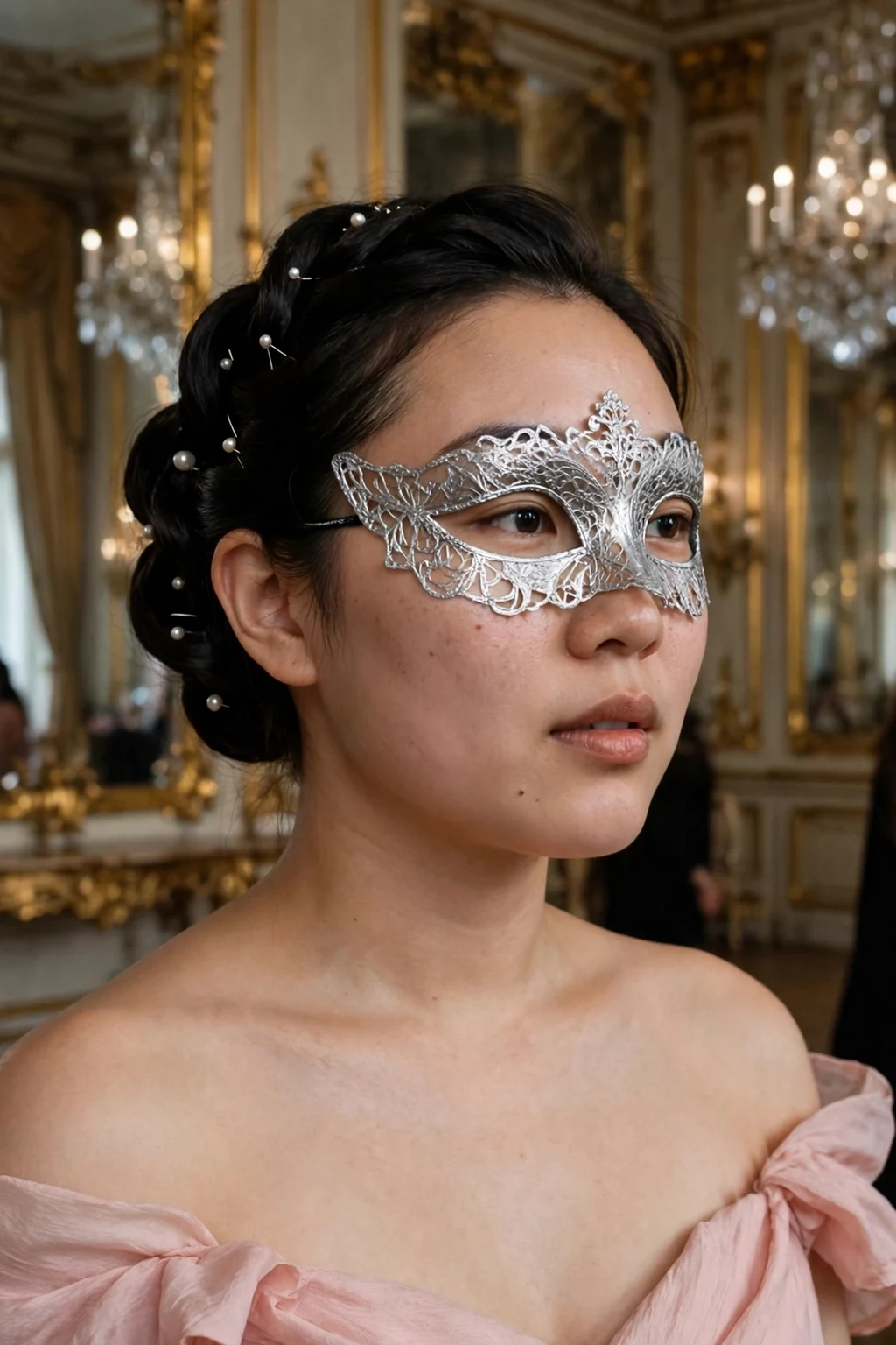 Young woman with an elegant French twist studded with tiny pearls and a silver masquerade mask in a chandelier-lit ballroom.