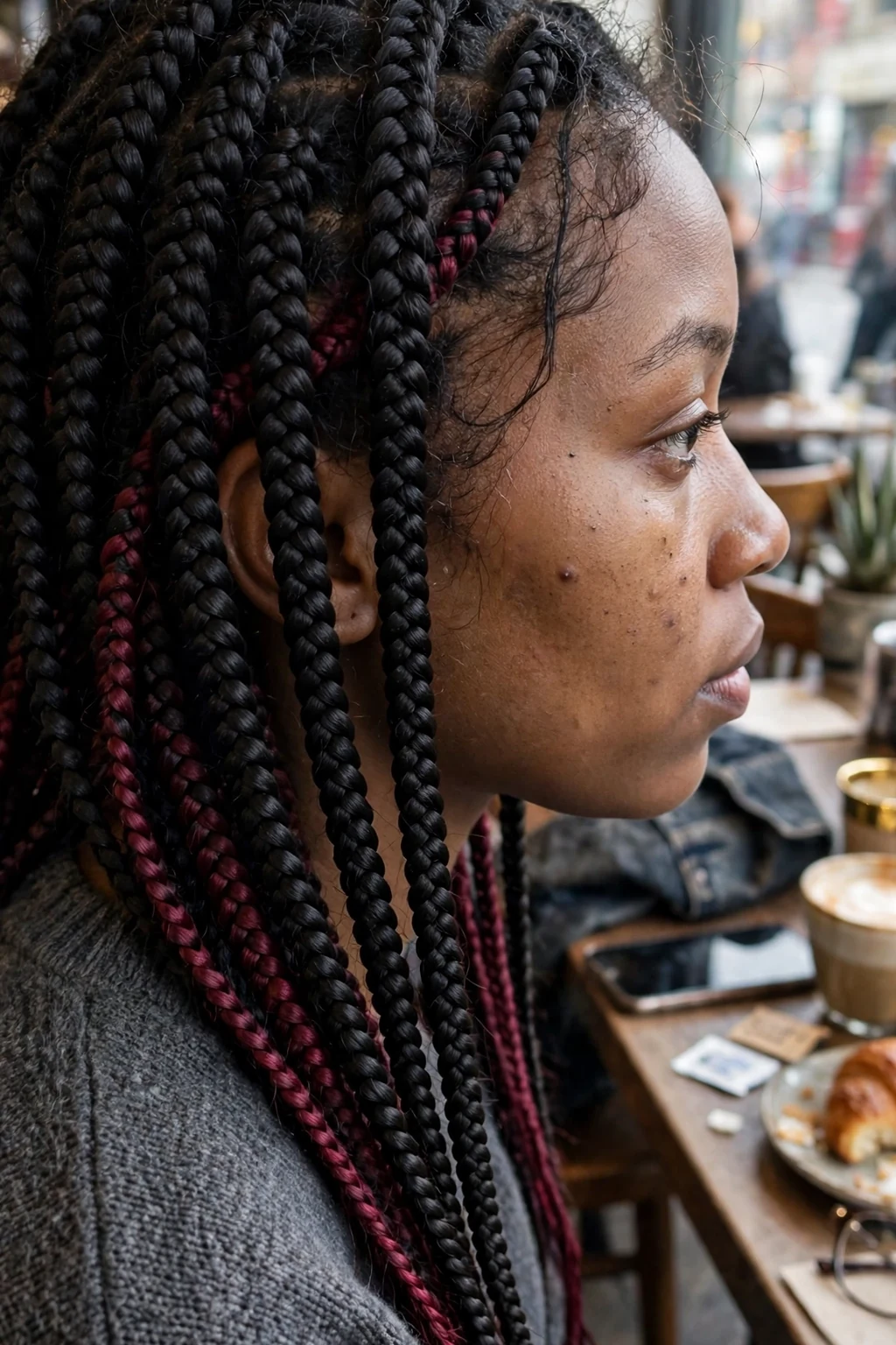 Young Black woman with black knotless box braids revealing hidden burgundy peekaboo color underneath, photographed in a coffee shop wearing a charcoal sweater.
