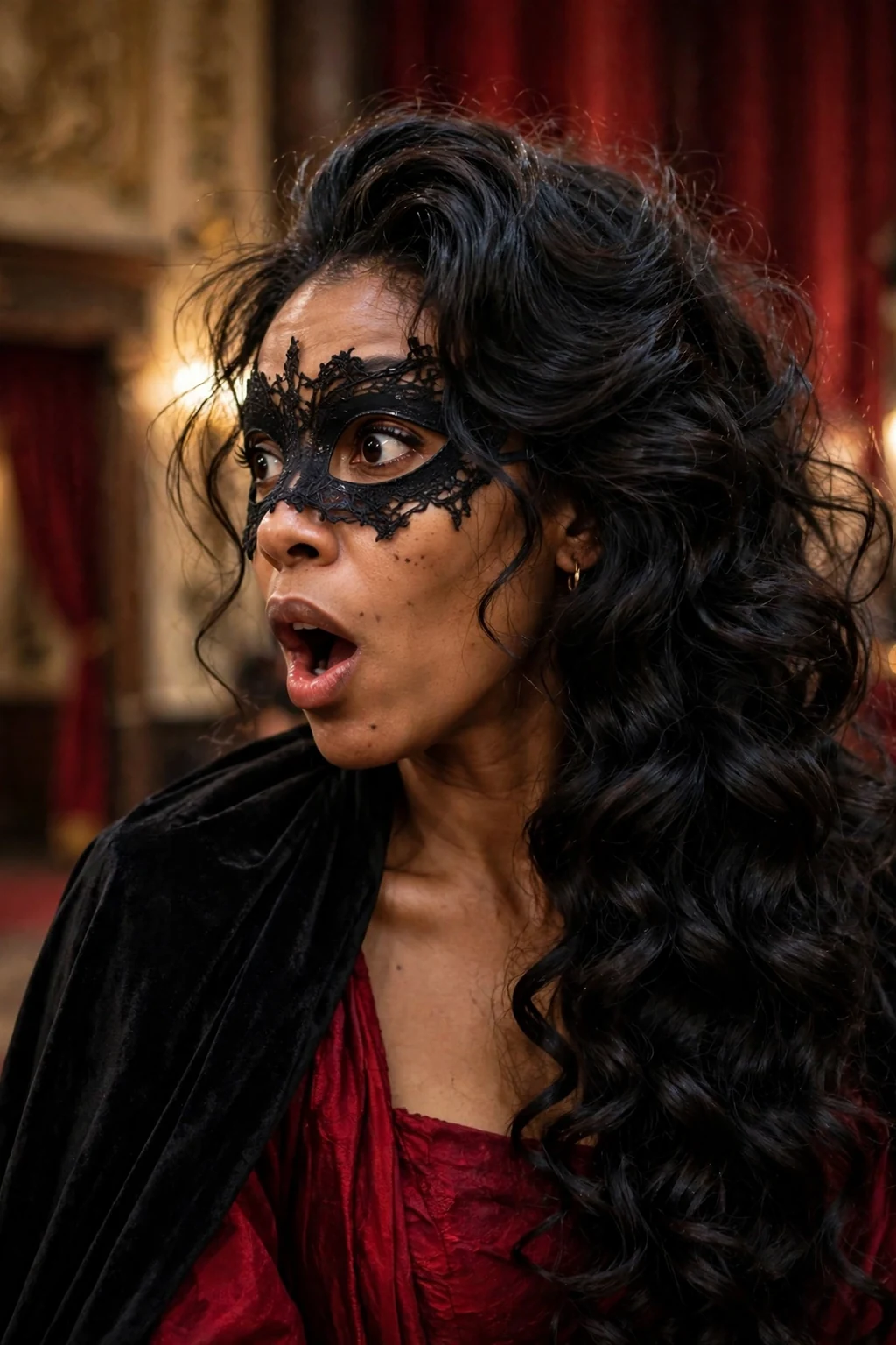 Young Black woman with phantom opera glossy curls and a dramatic cape at a Halloween party.